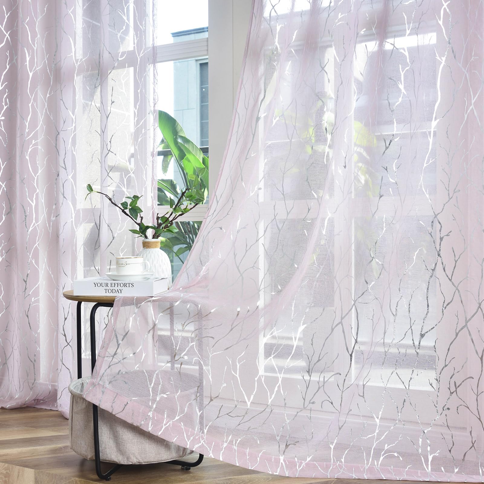 Finecity Purple Sheer Curtains 96 Inches Long 2 Panels, Metallic Silver Tree Design Lilac Sheer Curtains For Living Room, Rod Po