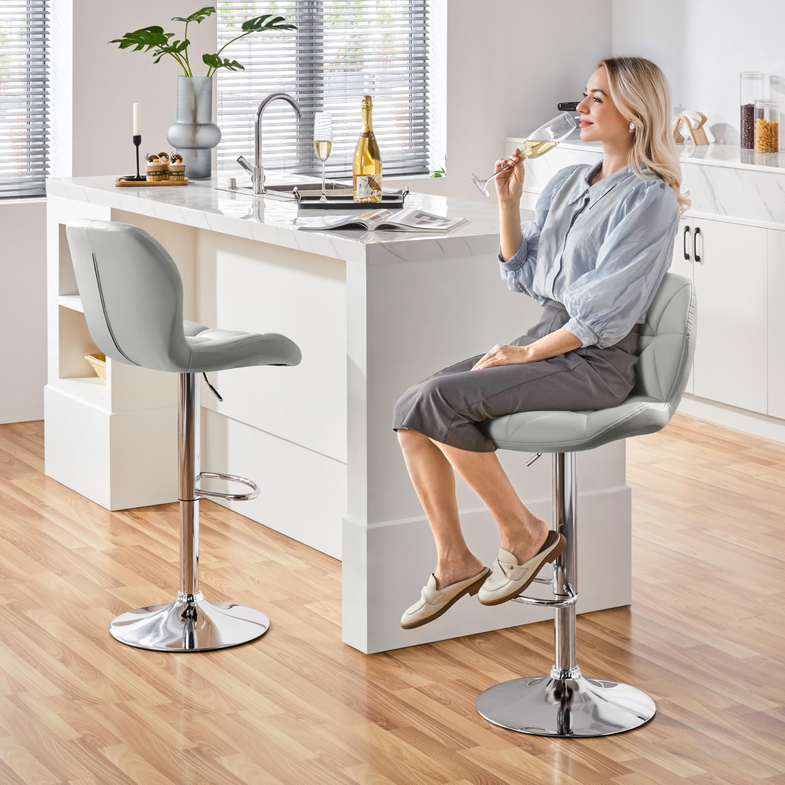 Yaheetech Grey Bar Stools Set Of 2, Pu Leather Bar Chairs With Backrest, Height Adjustable Swivel Island Stools For Bar, Kitchen Counter, Light Grey