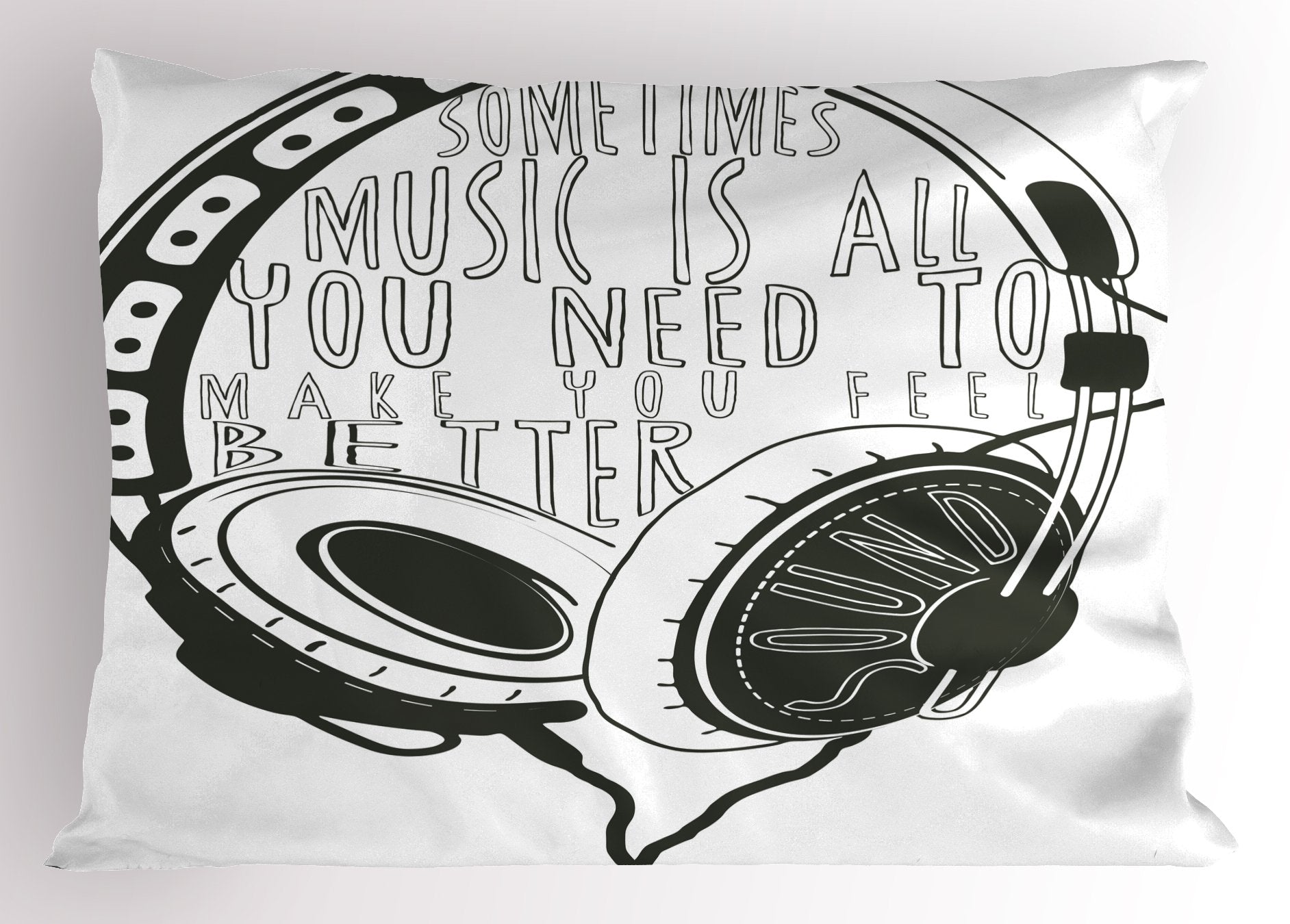 Lunarable Music Pillow Sham, Headphones Industrial Design Of Sketch With Words And Audio Sound Stereo Scribble Style Of Art, Dec