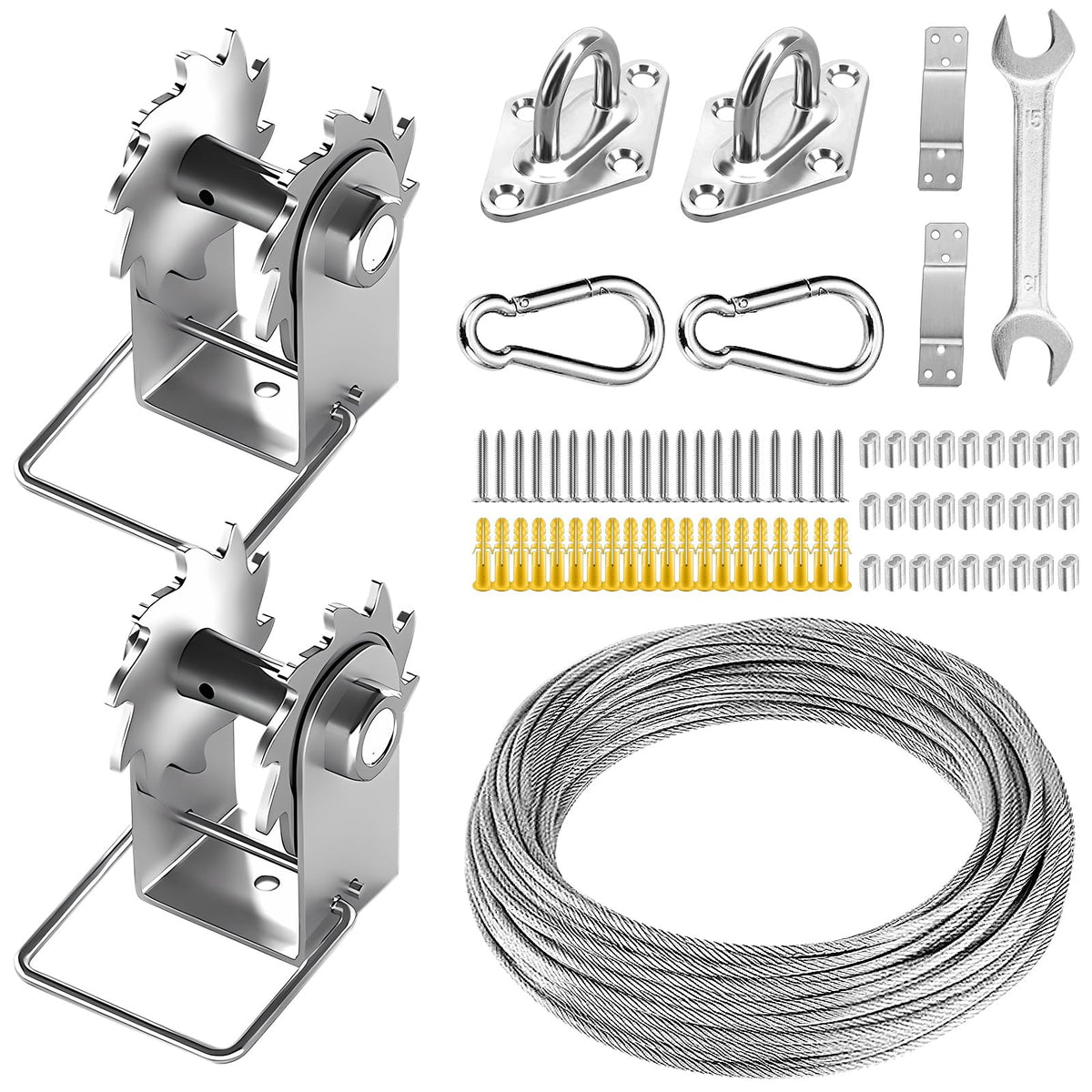 Fzeneast Shade Sail Hardware Kit Include Winches & Wire Rope, Anti-Rust Stainless Steel Sun Shade Hardware Kit For Rectangle Square Triangle Shade Sail Installation(75 Pcs)