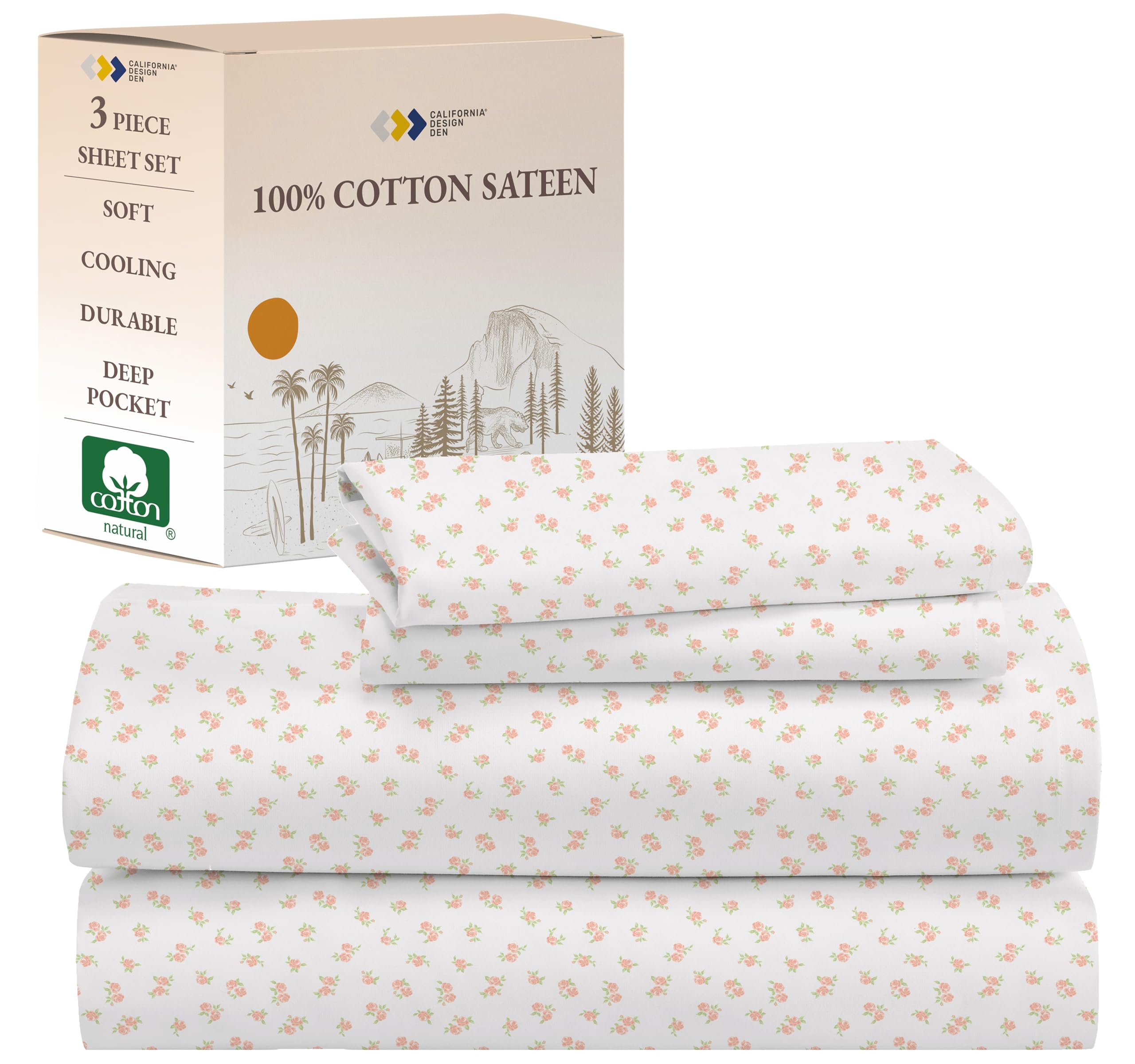California Design Den Twin Floral Sheet Set, 100% Cotton Deep Pocket Twin Sheets & Pillowcase Set - Chic Floral
