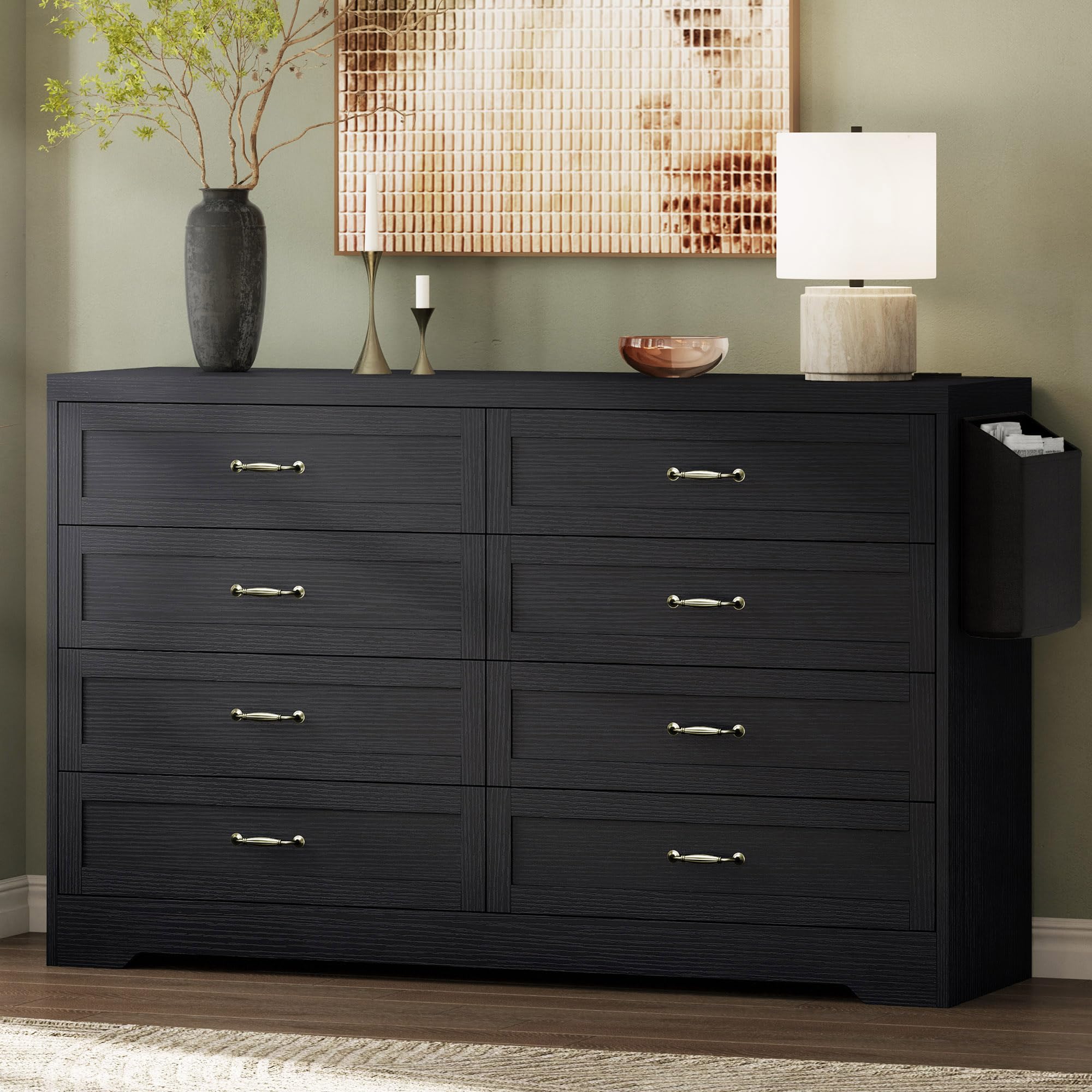 DWVO Black 8 Drawer Dresser, 47.5 W Large Vintage Double Dresser Chest of Drawers with Charging Station and Side Organizer Bag, 