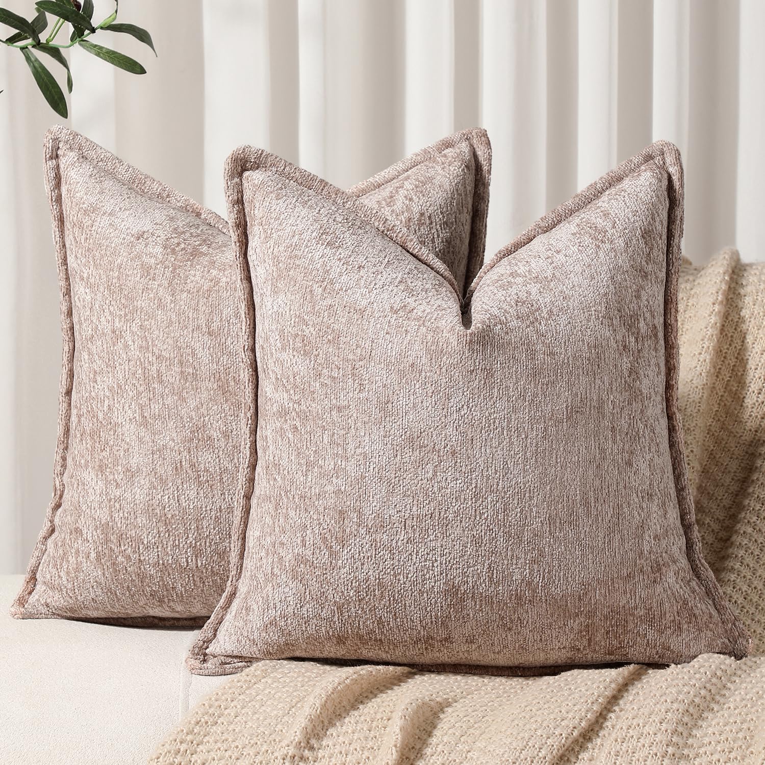 Dezene Pack Of 2 Khaki Decorative Throw Pillow Covers 18X18 Cozy Soft Chenille Accent Vintage Square Couch Pillow Covers For Hom