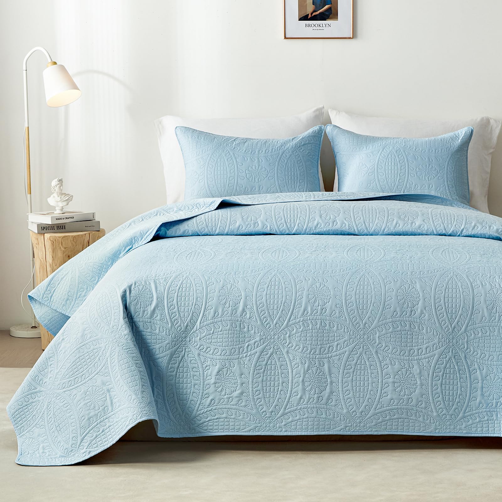 Akkialla King Quilt Bedding Set,Sky Blue Ultrasonic King/Cal King Quilt Set,Lightweight Soft Bedspread Coverlet,Modern Style Coi