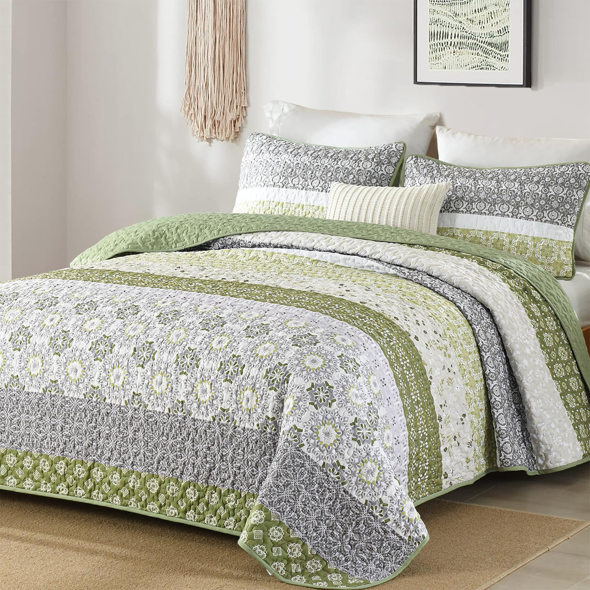 WONGS BEDDING Boho Quilt Set Queen Size,Olive Green Bohemian Striped Patchwork Bedspread Coverlet Set,3 Pieces Microfiber Summer