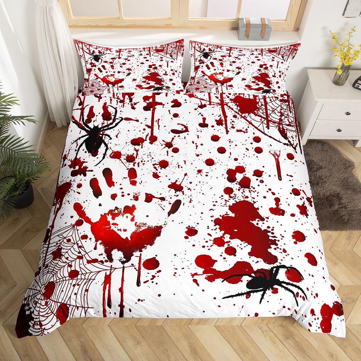 Castle Fairy Black Spider Bedding Set,Red Blood Fingerprint Duvet Cover For Kids Teens Boys Girls,Spider Web Comforter Cover Dec