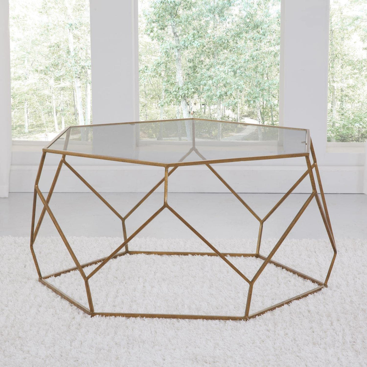 Steve Silver Roxy Hexagonal Cocktail Table with Clear Glass and Gold RX100CTBL