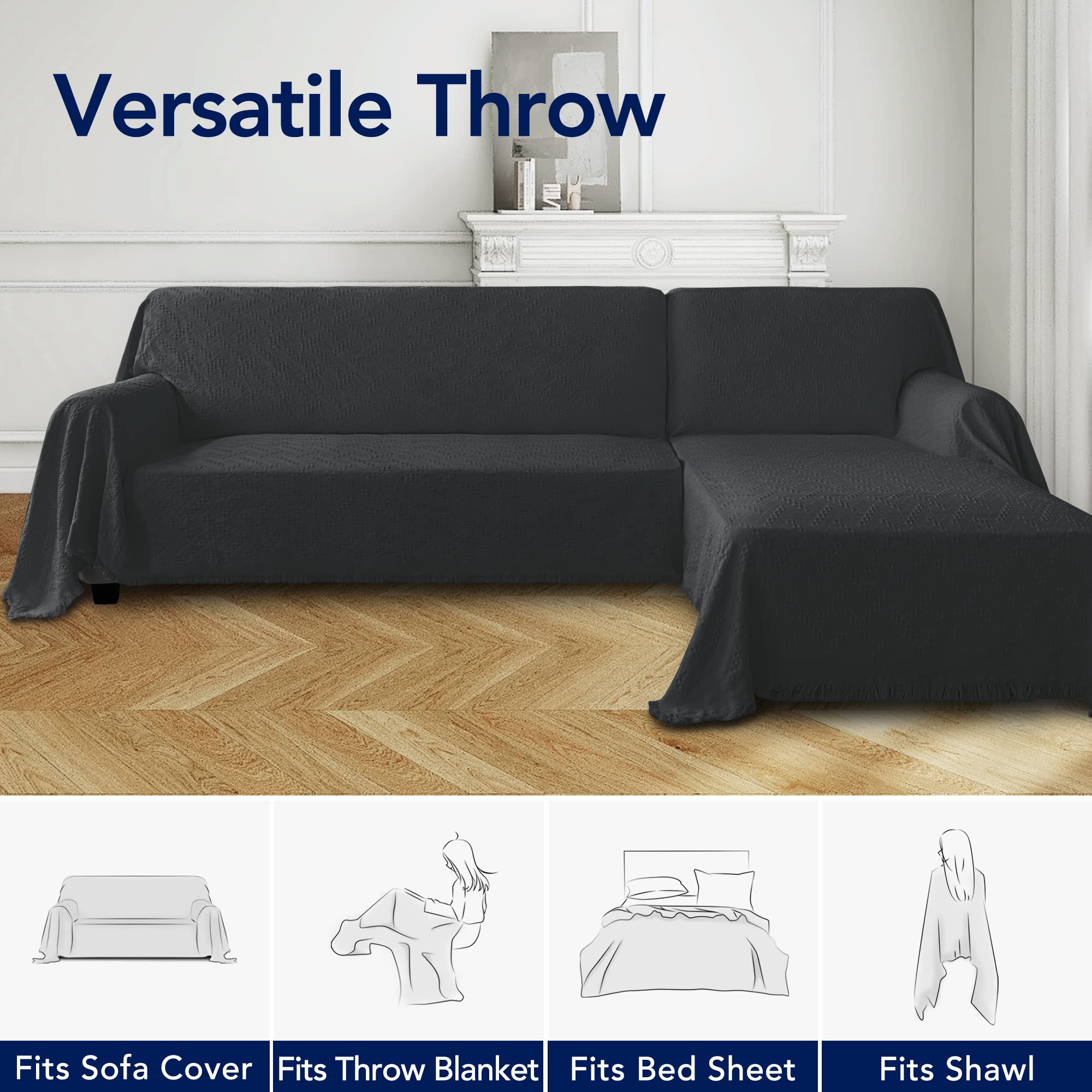 Purefit Geometric Jacquard Throw Sofa Cover - Textured Soft Washable Decorative Couch Covers For 3 Cushion Couch, Throw Cover With Tassels Furniture Protector For Pets, Kids (X-Large, Dark Gray)