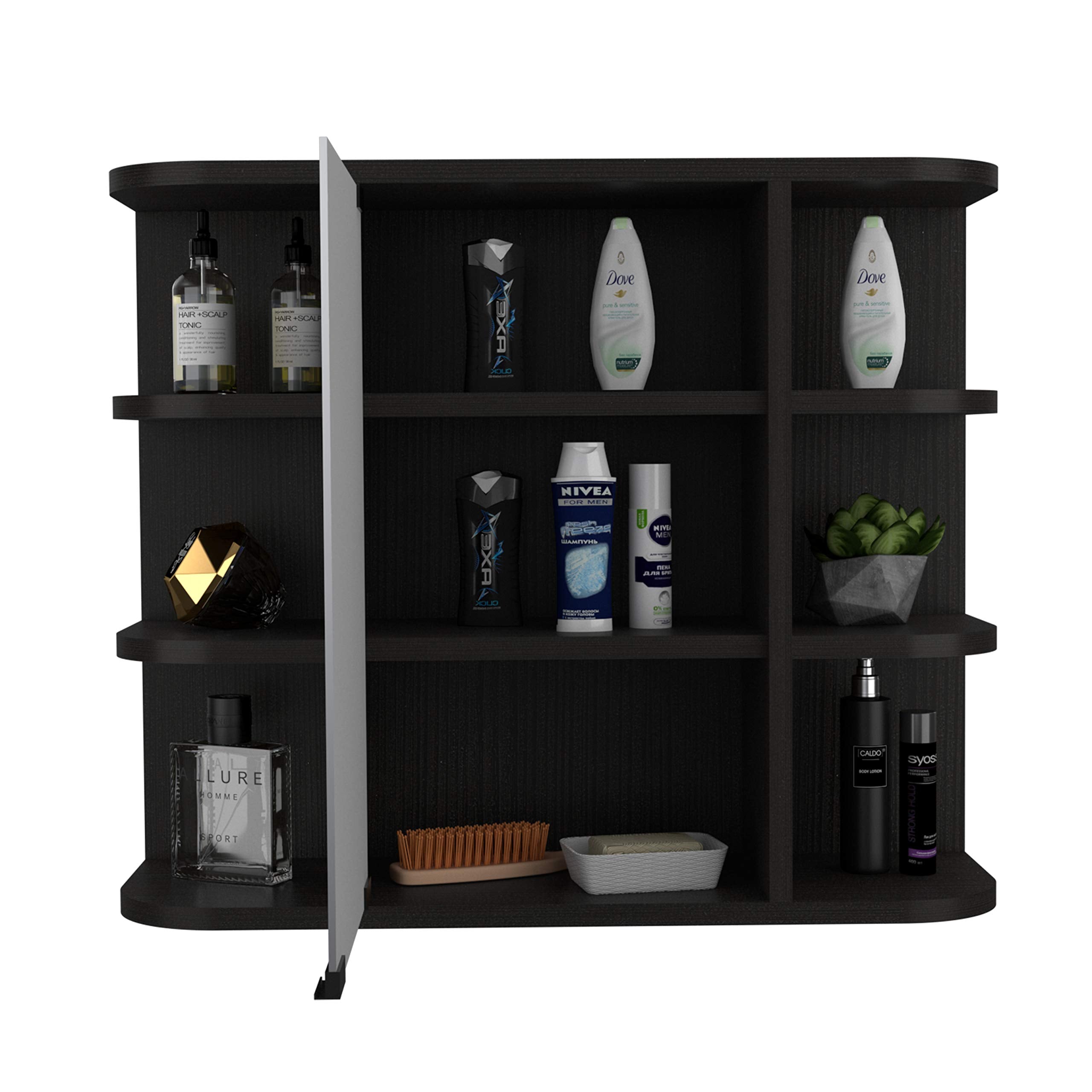 Roma Mirrored Medicine Cabinet with Six External Shelves and Three Interior Shelves, 19" H, Black, Bathroom