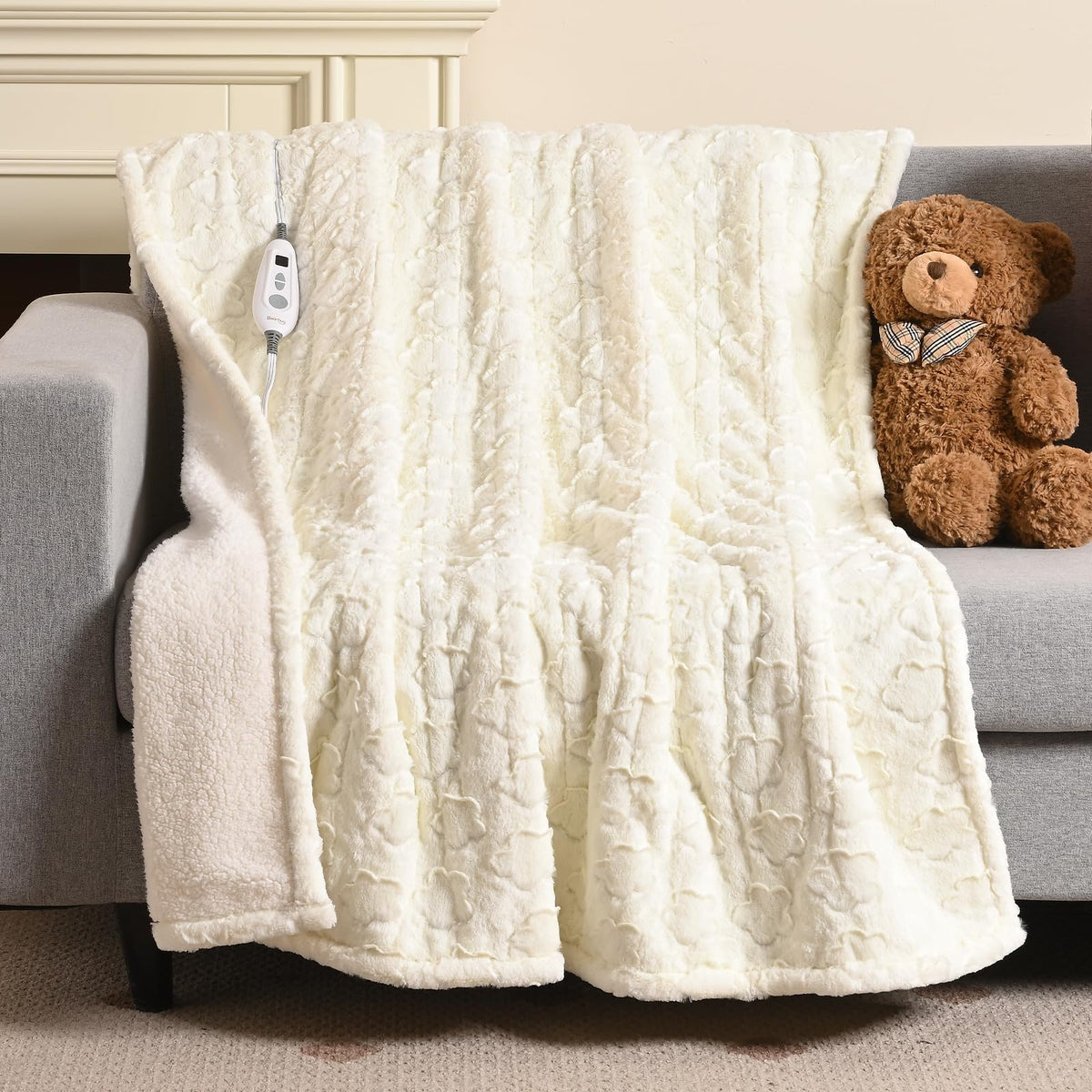 Bearhug Heated Throw Blanket, 50'  60' Electric Throw, White Flower Patterns Faux Fur & Warm Sherpa, 4H Auto-Off Timer & 6 Hea