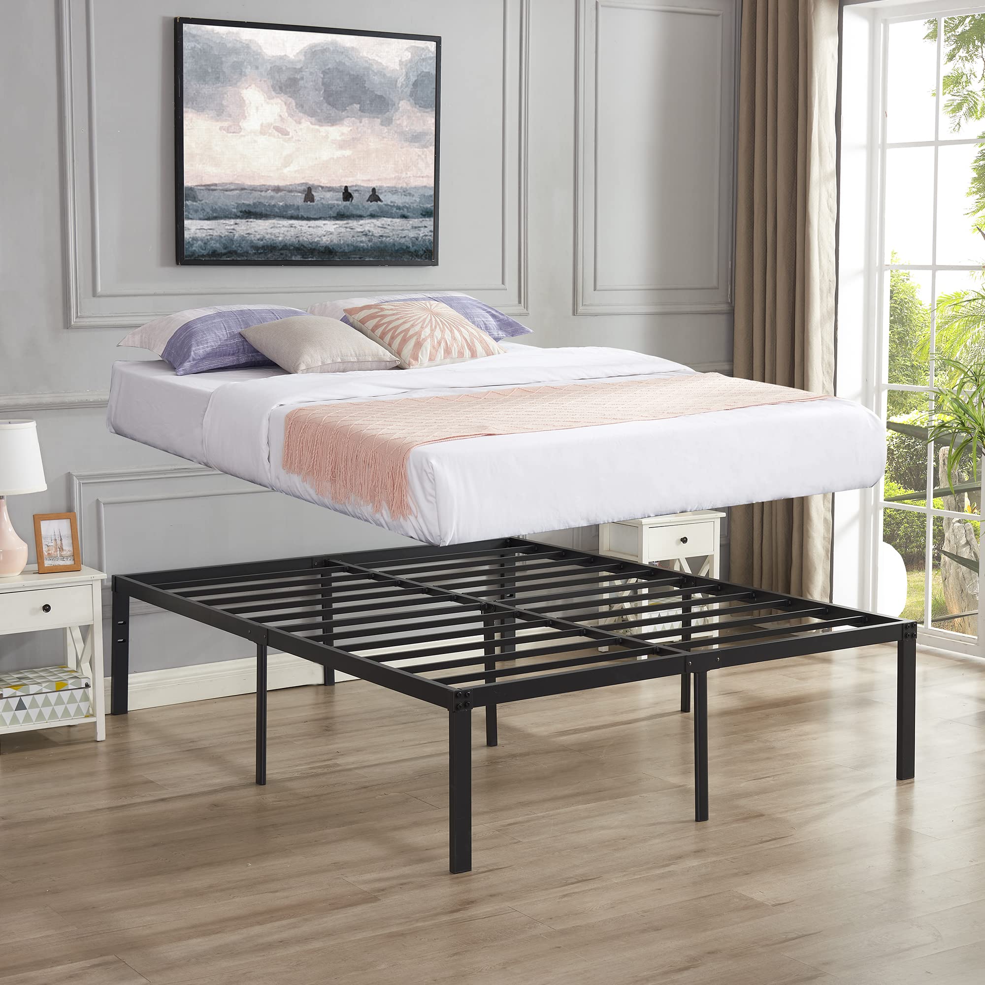 Vecelo 18 Inch Full Metal Platform Tall Bed Frame,Heavy Duty Steel Slat/Easy Assembly Mattress Foundation/No Box Spring Needed