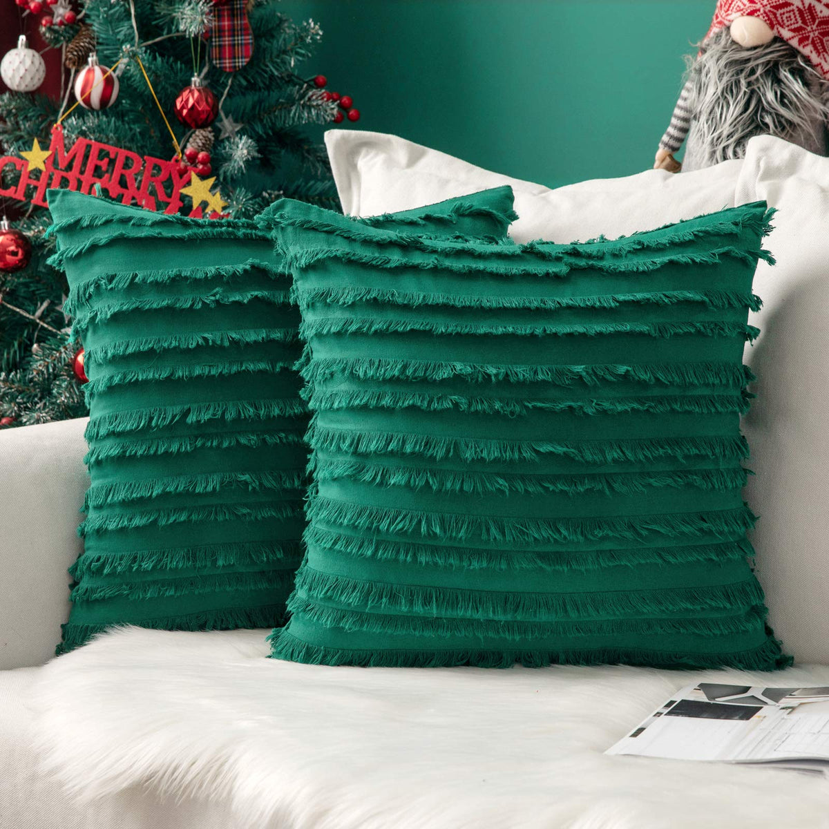 Miulee Set Of 2 Decorative Boho Christmas Throw Pillow Covers Linen Striped Jacquard Pattern Cushion Covers For Spring Sofa Couc