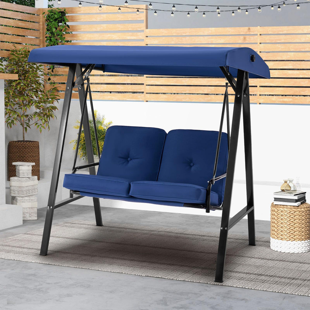 Aecojoy Outdoor Patio Swing Chair For Adults, 2-Seat Porch Swings With Adjustable Canopy, Outside Swing Bench With Removable Cushion, Suitable For Backyard, Garden, Yard, Poolside, Balcony (Blue)