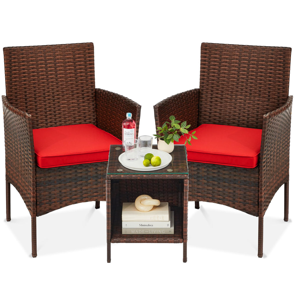 Best Choice Products 3-Piece Outdoor Wicker Conversation Bistro Set, Space Saving Patio Furniture For Garden W/Side Table - Brown/Red