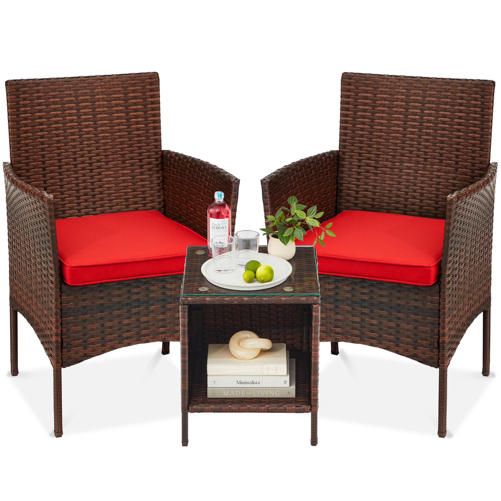 Best Choice Products 3-Piece Outdoor Wicker Conversation Bistro Set, Space Saving Patio Furniture For Garden W/Side Table - Brown/Red