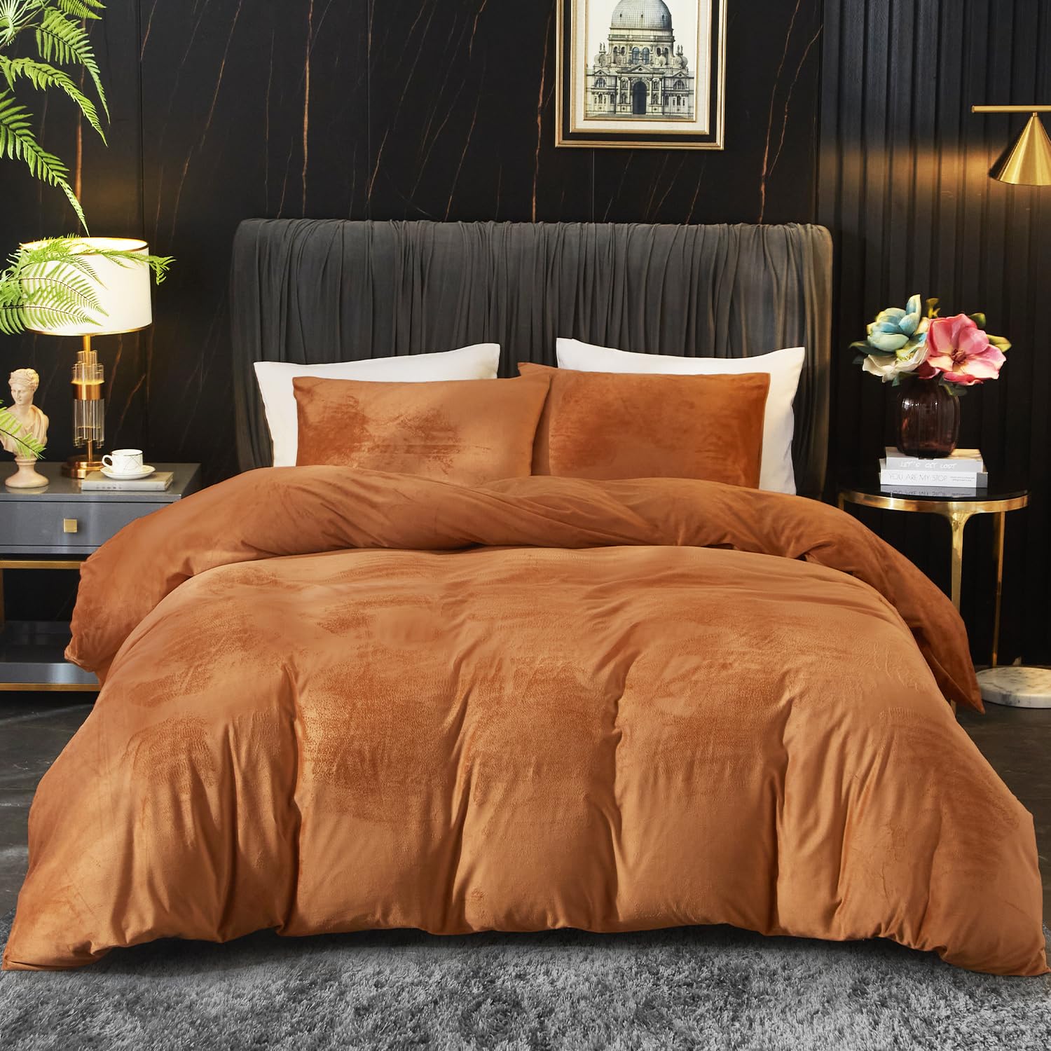 Ivellow Velvet Duvet Cover King Set Burnt Orange Velvet Duvet Cover King Comforter Cover 3Pcs Ultra Soft Duvet Cover Breathable