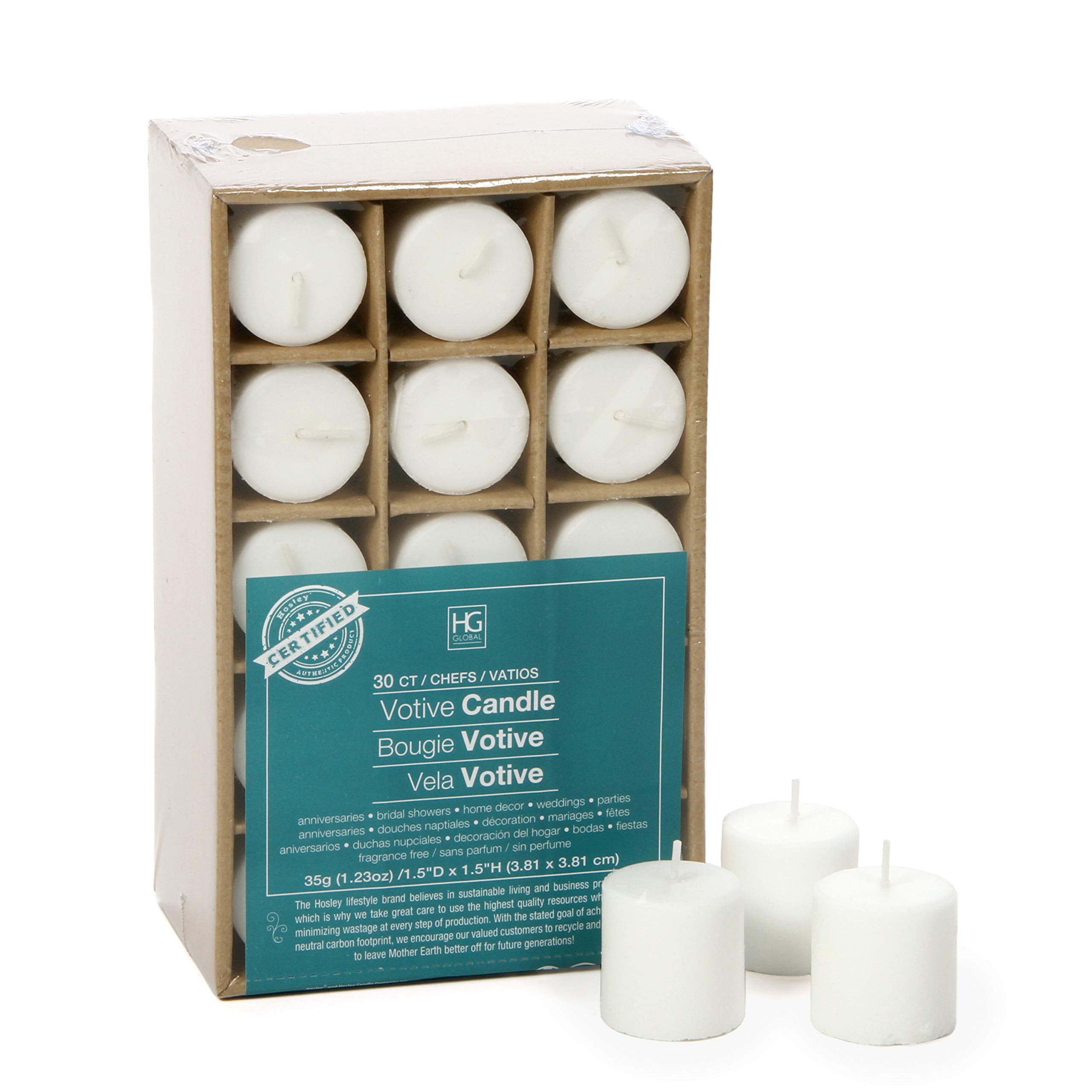 Hosley Set Of 30 Unscented White Votive Candles – Bulk Pack, Clean-Burning, Long-Lasting 10-12 Hour Burn Time – Ideal For Weddings, Home Décor, Spa, And Events