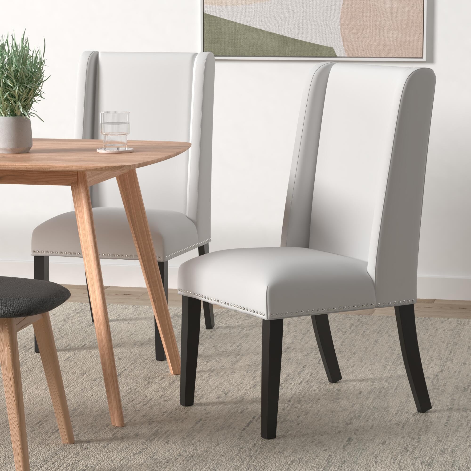 Modway Baron Modern Tall Back Wood Faux Leather Upholstered Four Dining Chairs In White