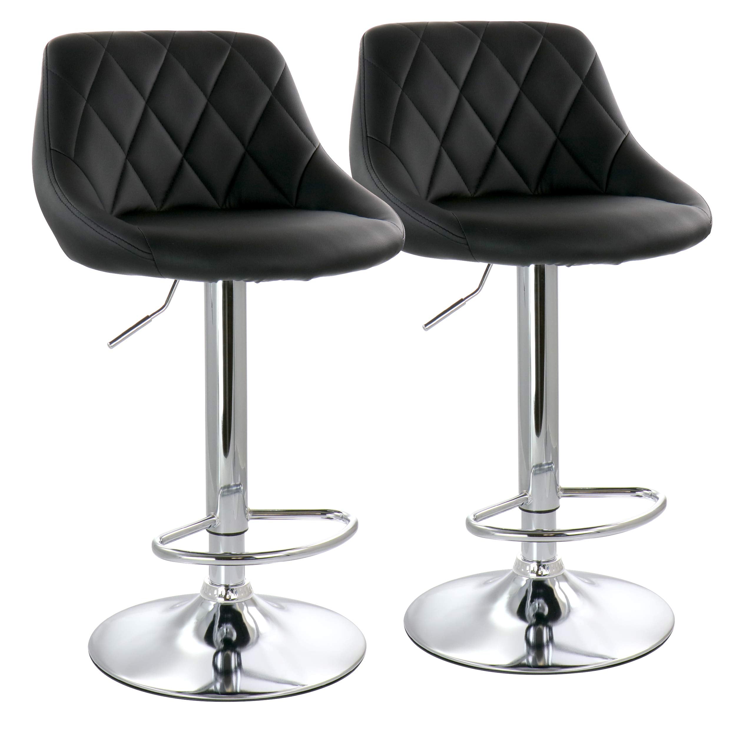 Elama Modern 2 Piece Diamond Stitched Faux Leather Bar Stool in Black with Chrome Base and Adjustable Height, Black, Chrome