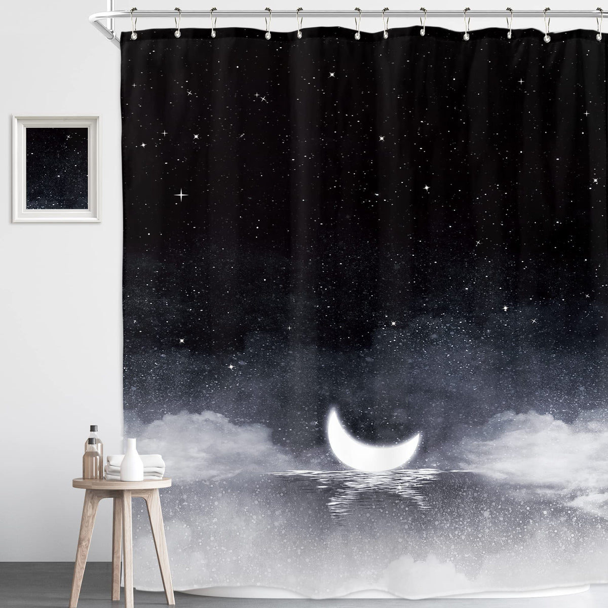 Homewelle Night Starry Sky Moon Phase Shower Curtain Black Dark Navy Cloud Stars 60Wx72H Inch White New Moon Sparkly Shiny Galax