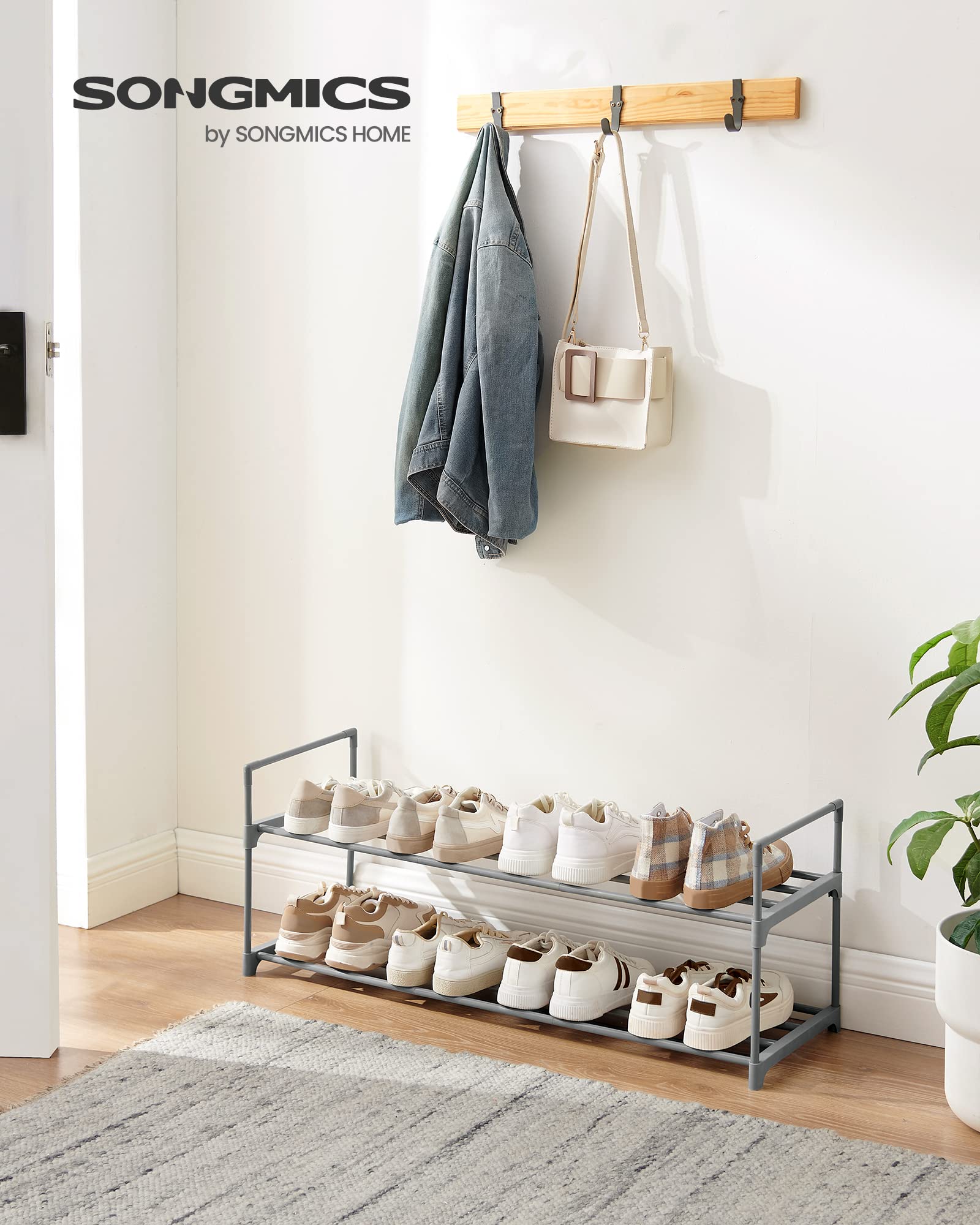 Songmics Shoe Rack, 2 Tier Shoe Organizer, Metal Shoe Storage Shelf For 10 Pairs Of Shoes, Easy To Assemble, Entryway, Grey Ulsa012G01