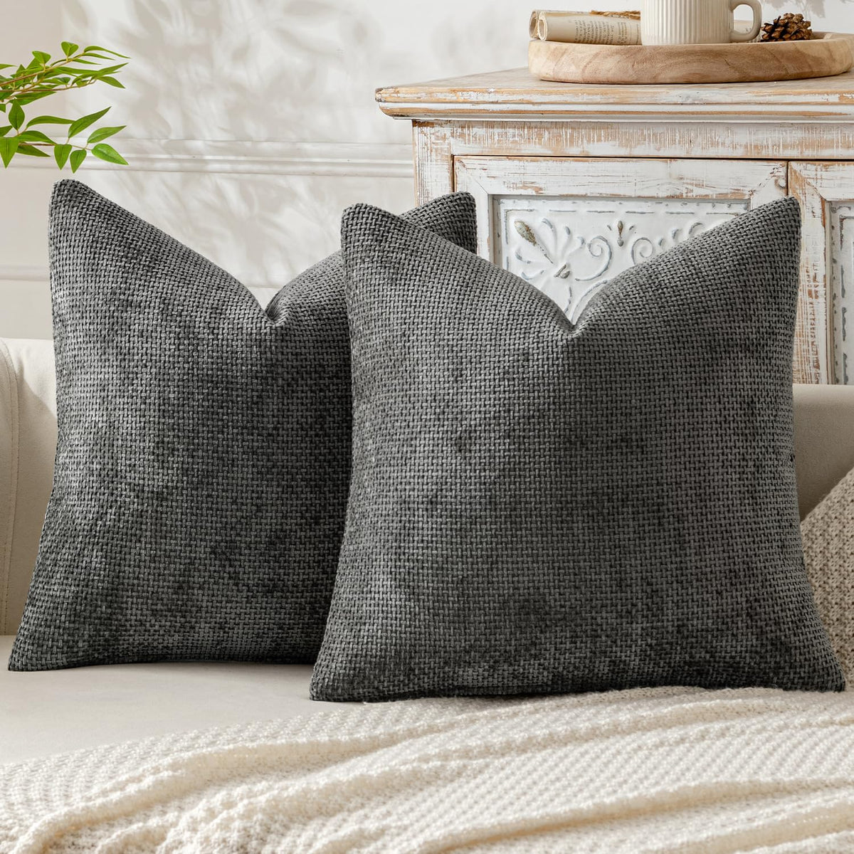 Miulee Pack Of 2 Dark Gray Decorative Pillow Covers 18X18 Inch Soft Chenille Couch Throw Pillows Farmhouse Cushion Covers For Ho