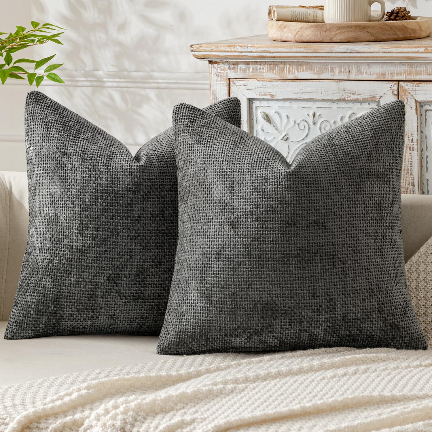 Miulee Pack Of 2 Dark Gray Decorative Pillow Covers 18X18 Inch Soft Chenille Couch Throw Pillows Farmhouse Cushion Covers For Ho
