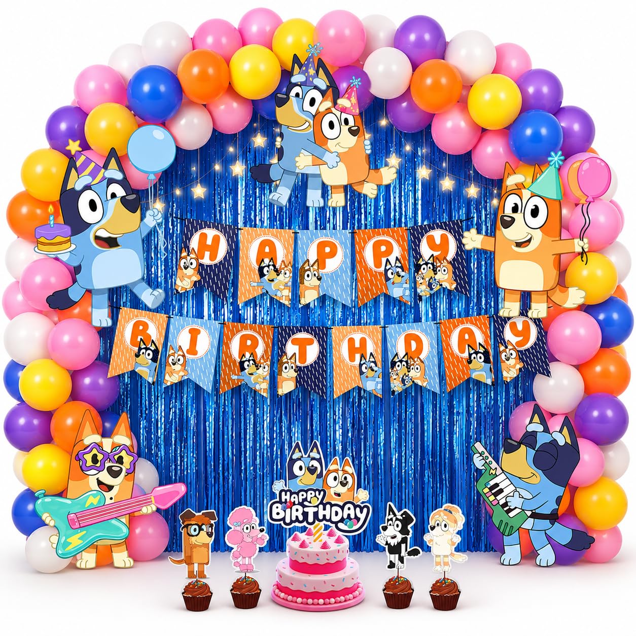 Partyjoy Party Decoration Kit Bluey Inspired Birthday Theme Supplies | Banner, Cake Toppers, Character Cutouts Set