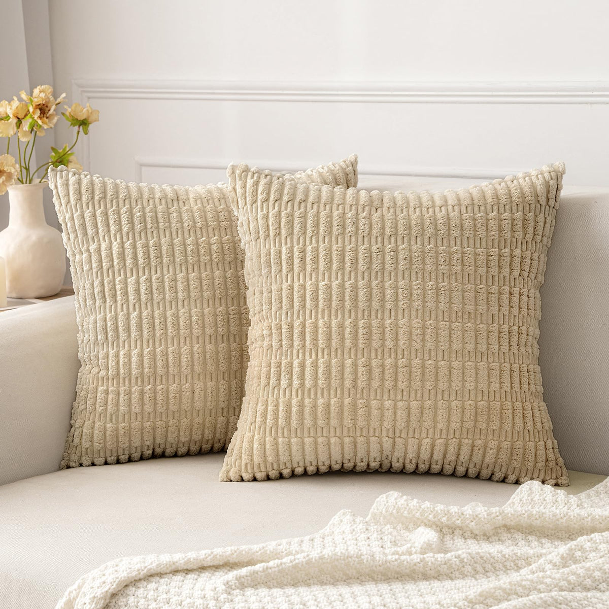 Miulee Pack Of 2 Corduroy Decorative Tan Throw Pillow Covers 26X26 Inch Soft Boho Striped Pillow Covers Modern Farmhouse Home De