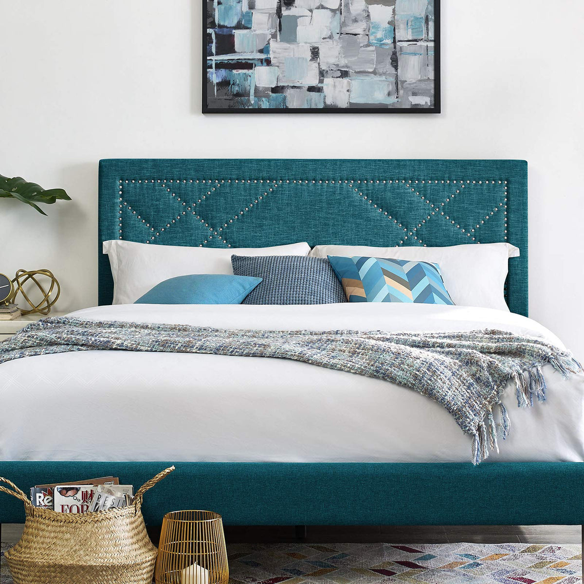 Modway Reese Upholstered Nailhead Linen Fabric Full / Queen Headboard Size In Teal