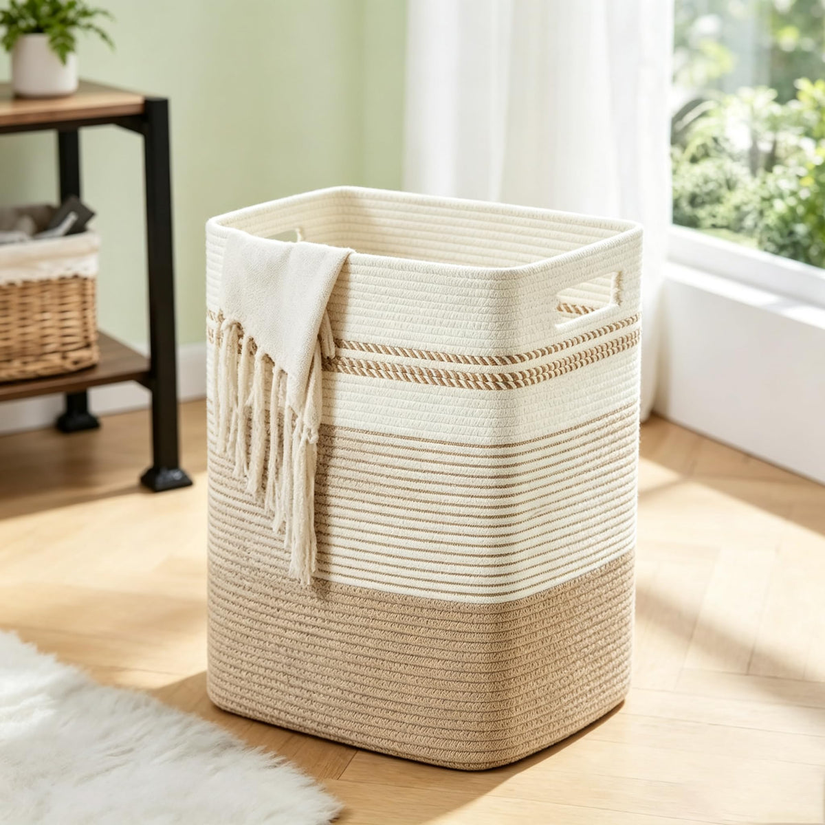 TUZAWERK Rectangular Cotton Rope Laundry Hamper 80L Foldable Basket