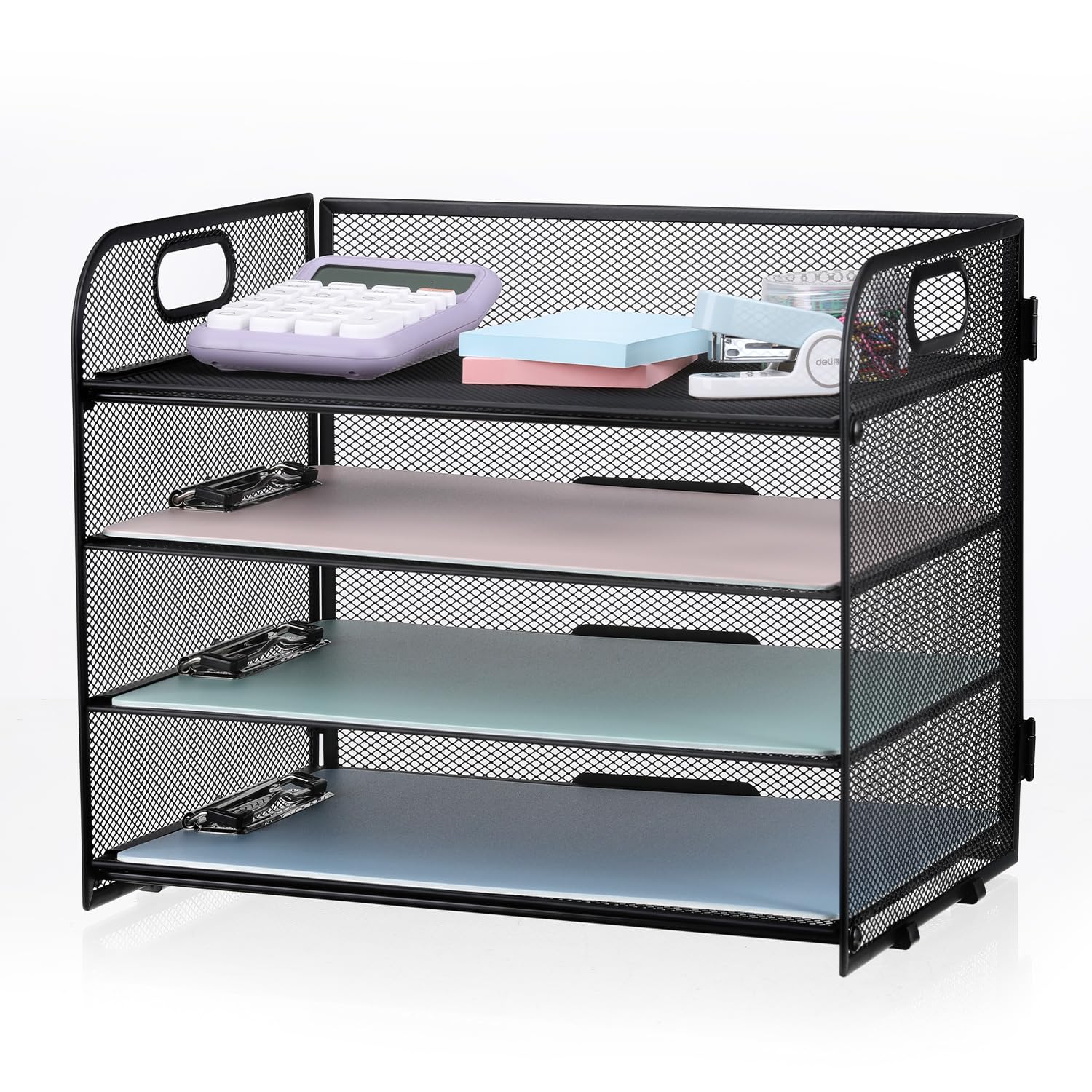 Ncxtkj 4-Tier Mesh Letter Tray Paper Organizer, Desk File Organizer With Handle - Black