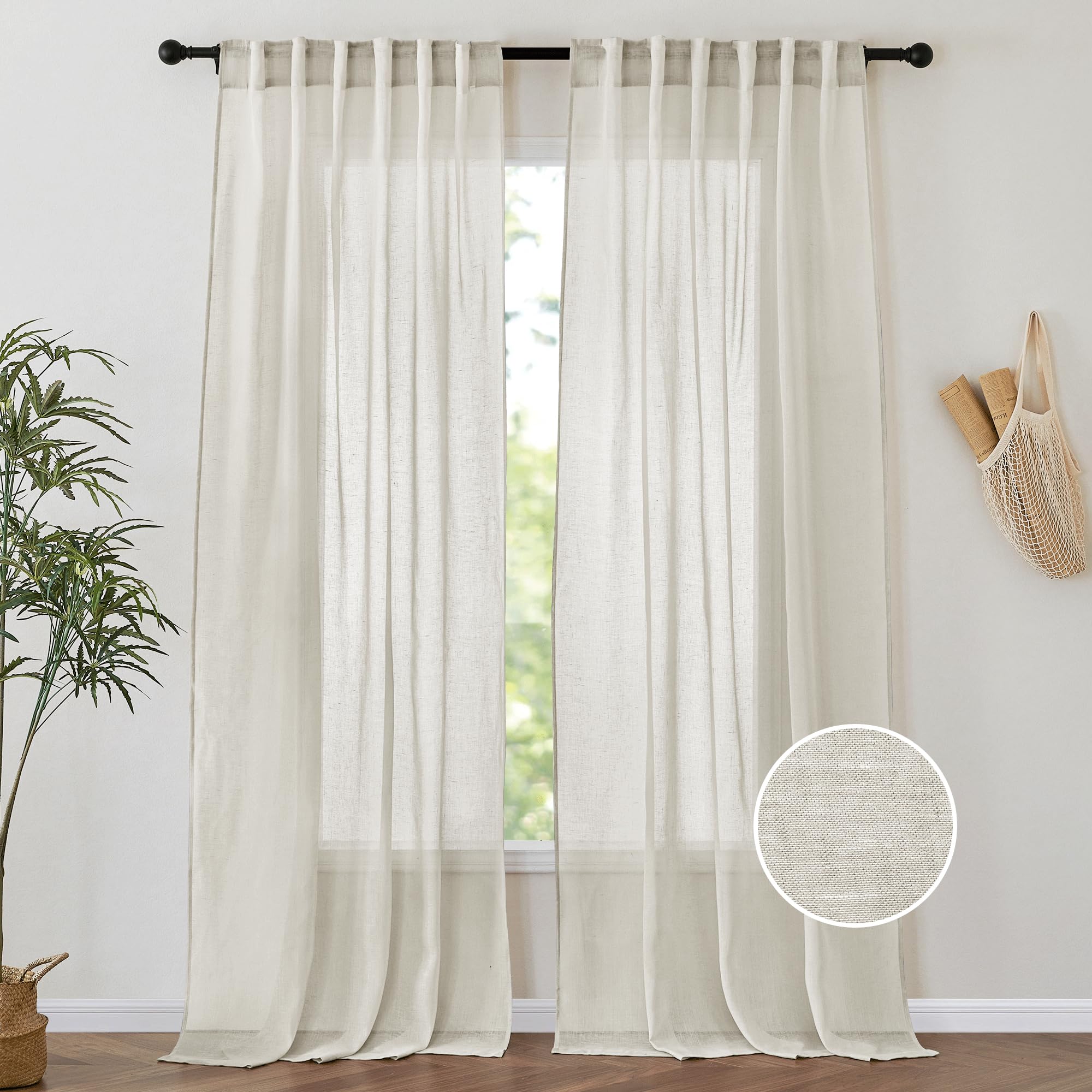 Pony Dance Linen Curtains 96 Inches Long - 2 Panels Natural Flax Blended Sheer Drapes For Living Room, Window Treatments Panels