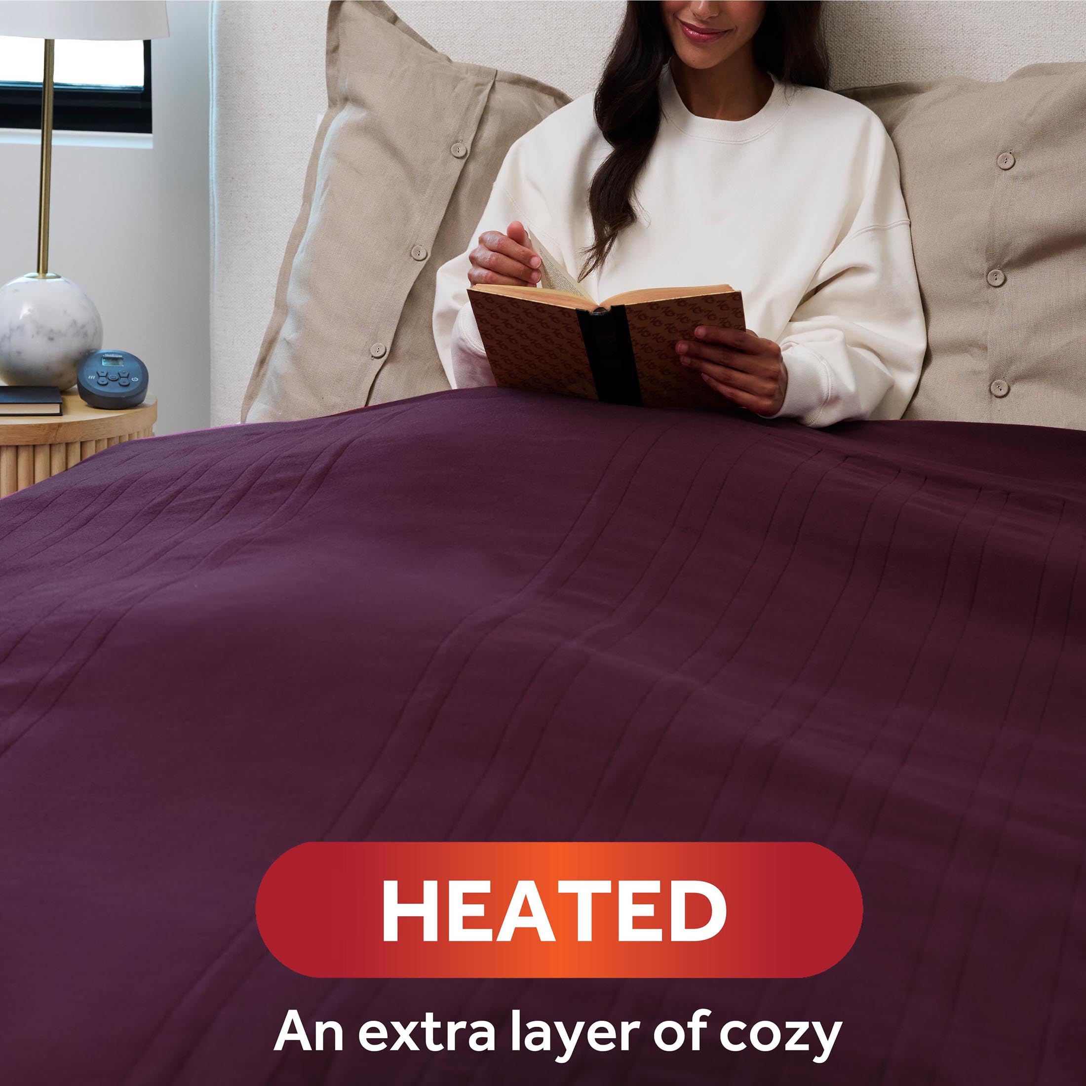Sunbeam Royal Ultra Fleece Heated Electric Blanket Queen Size, 90' X 84', 12 Heat Settings, 12-Hour Selectable Auto Shut-Off, Fast Heating, Machine Washable, Warm And Cozy, Claret