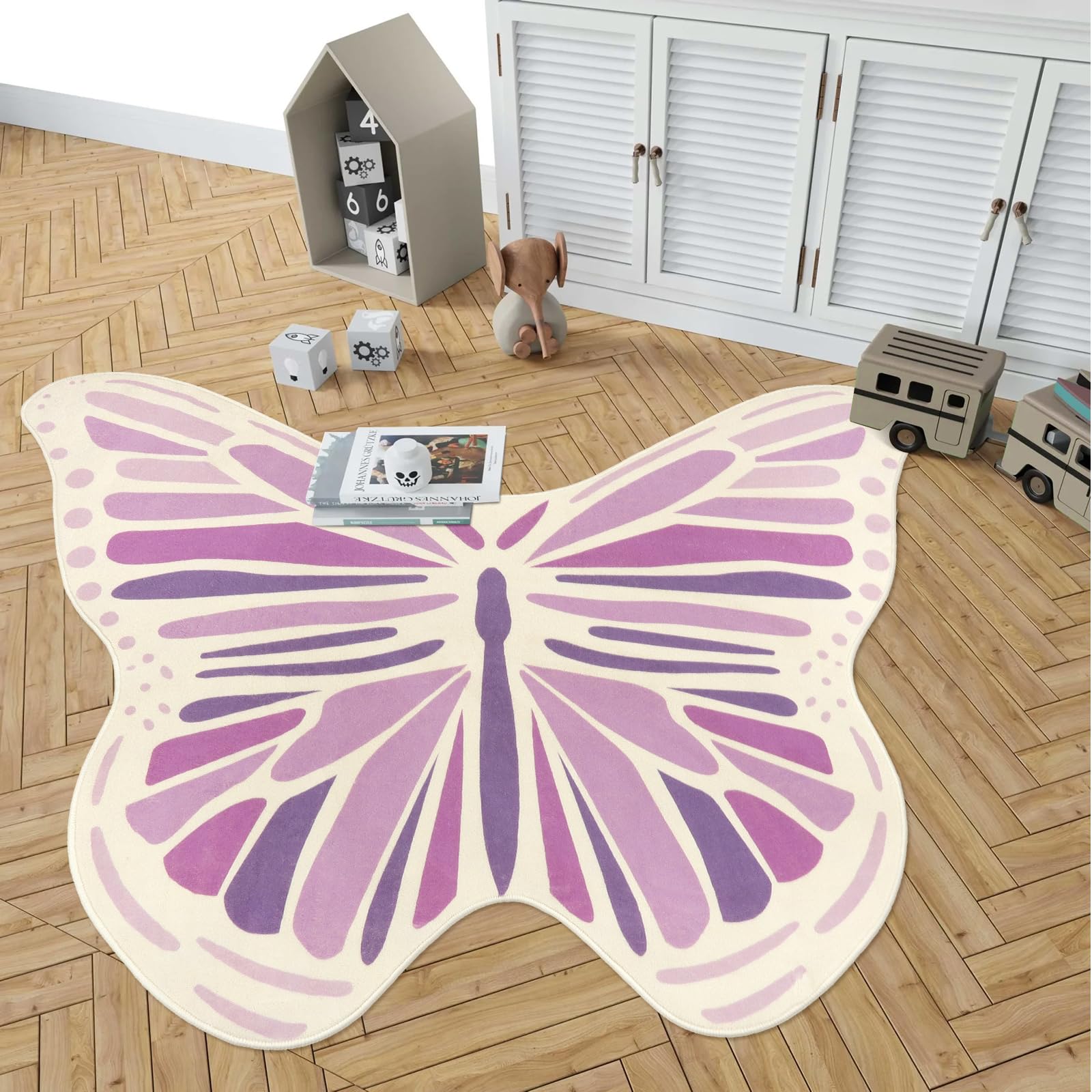 Lukinbox Kids Rugs For Bedroom, Large Butterfly Nursery Area Rug For Playroom, Purple Kids Play Mat Non Slip Washable Shaped Car