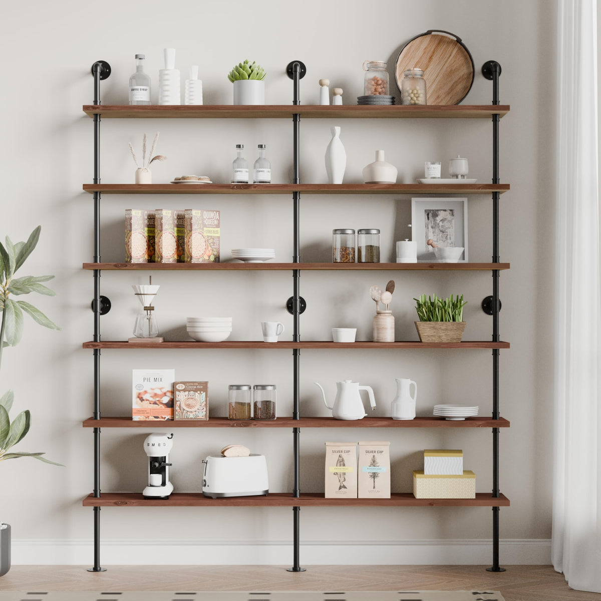 Industrial Pipe Bookshelf, Wall Mounted Shelf, 70 Inch, Walnut Brown