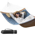 Double Hammock, 11 Ft Quilted Fabric 2 Person Hammock For Outside With Pillow, Folding Curved Spreader Bar, Chains, Carrying Bag