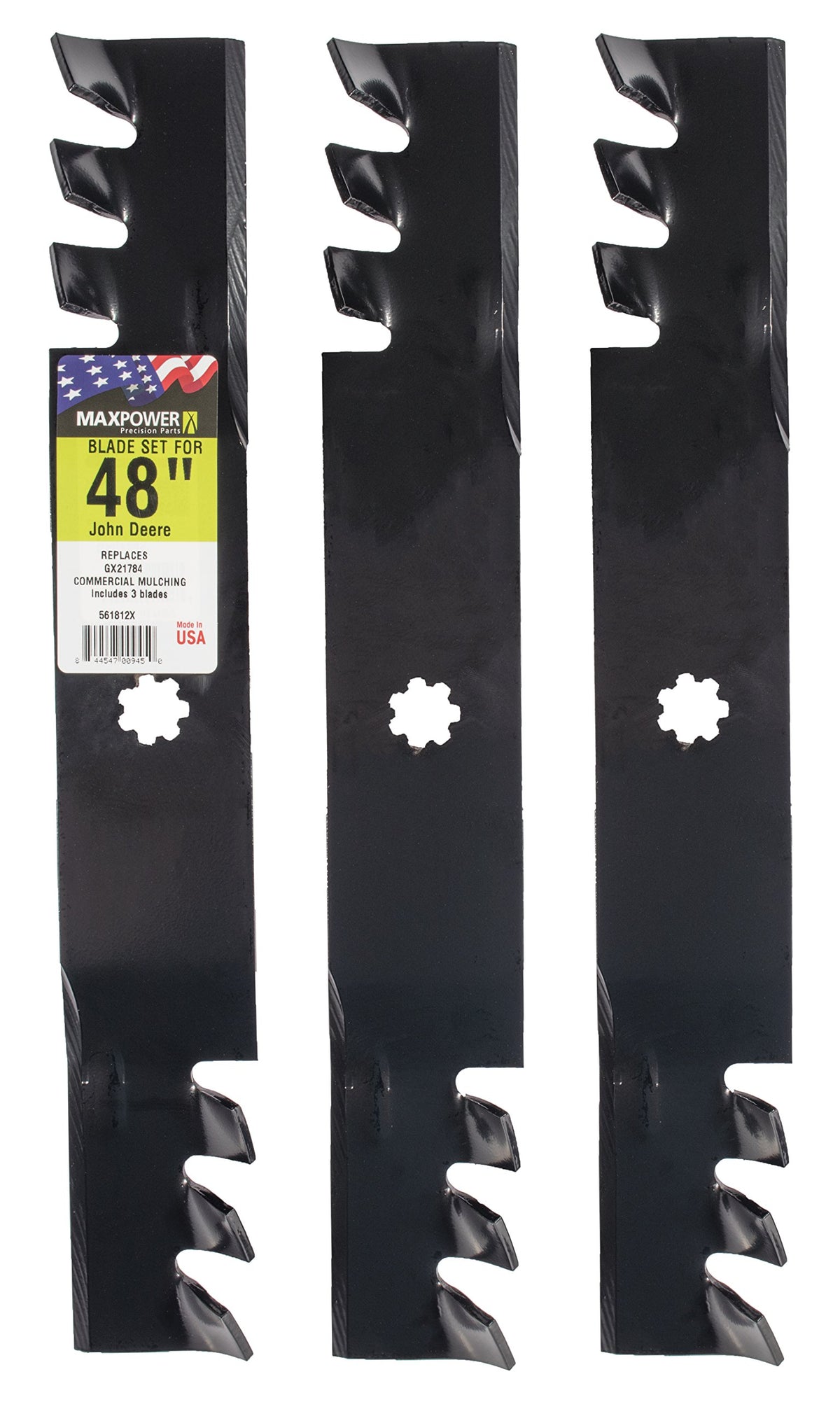 Maxpower 561812Xb Set Of 3, 3-N-1 Commercial Mulching Blades For 48 In. Cut John Deere Mowers, Replaces Oem No. Gx21784, Gx21786