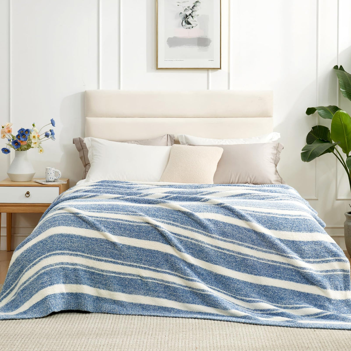 Snuggle Sac Queen Size Bedding Blankets Stripe Blue, Super Soft Warm Microfiber Bed Blankets, Cozy Knit Fuzzy Plush Oversized Bl