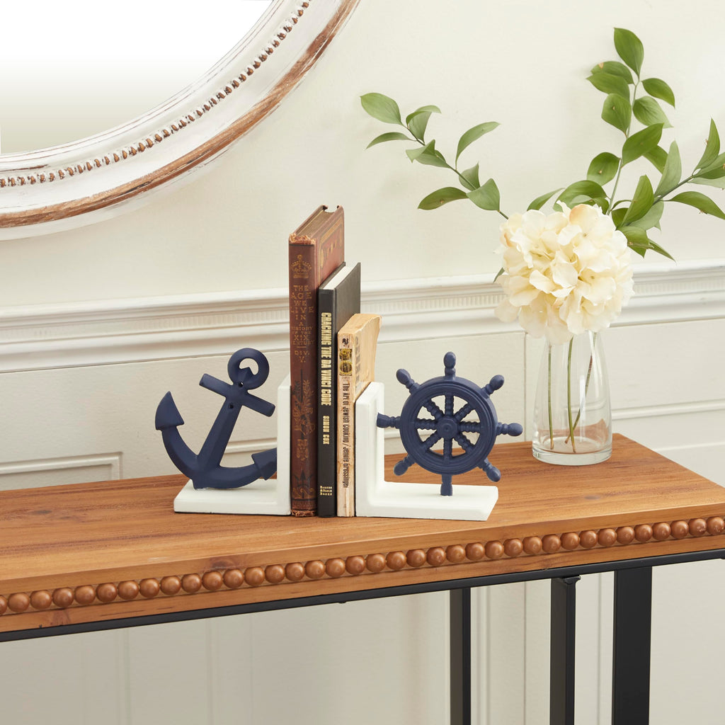 Deco 79 Metal Anchor And Ship Wheel Bookends, Set Of 2 6''W, 6''H, Blue