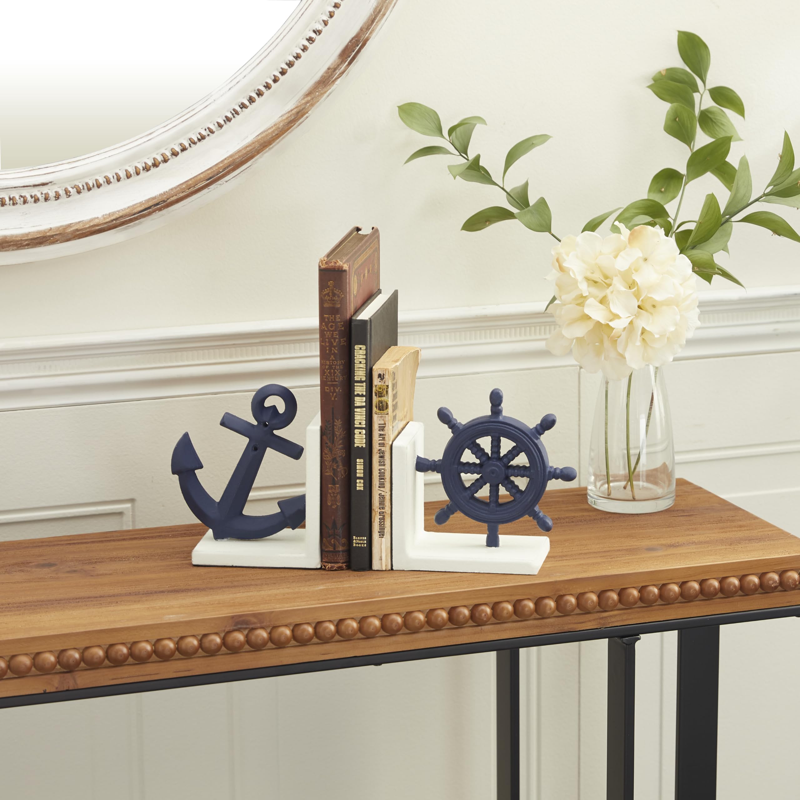 Deco 79 Metal Anchor And Ship Wheel Bookends, Set Of 2 6''W, 6''H, Blue