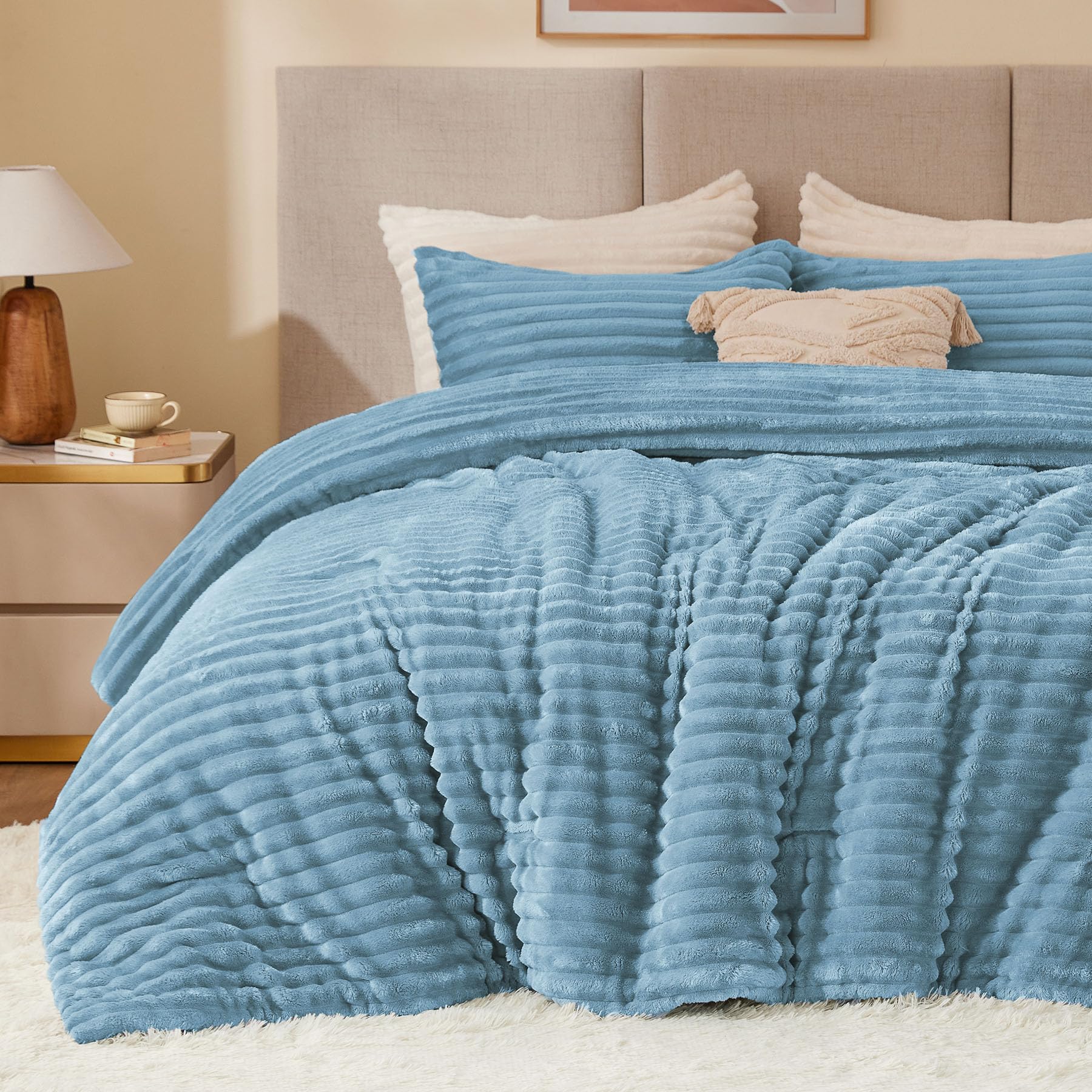 Bedelite Fleece Twin Comforter Set -Super Soft & Warm Fluffy Haze Blue Bedding, Luxury Fuzzy Heavy Bed Set For Winter With 1 Pil