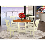 East West Furniture SUPL5-BMK-C 5 Piece Dining Room Furniture Set Includes a Round Kitchen Table with Dropleaf & Shelves and 4 Linen Fabric Upholstered Chairs, 42x42 Inch, Buttermilk & Cherry