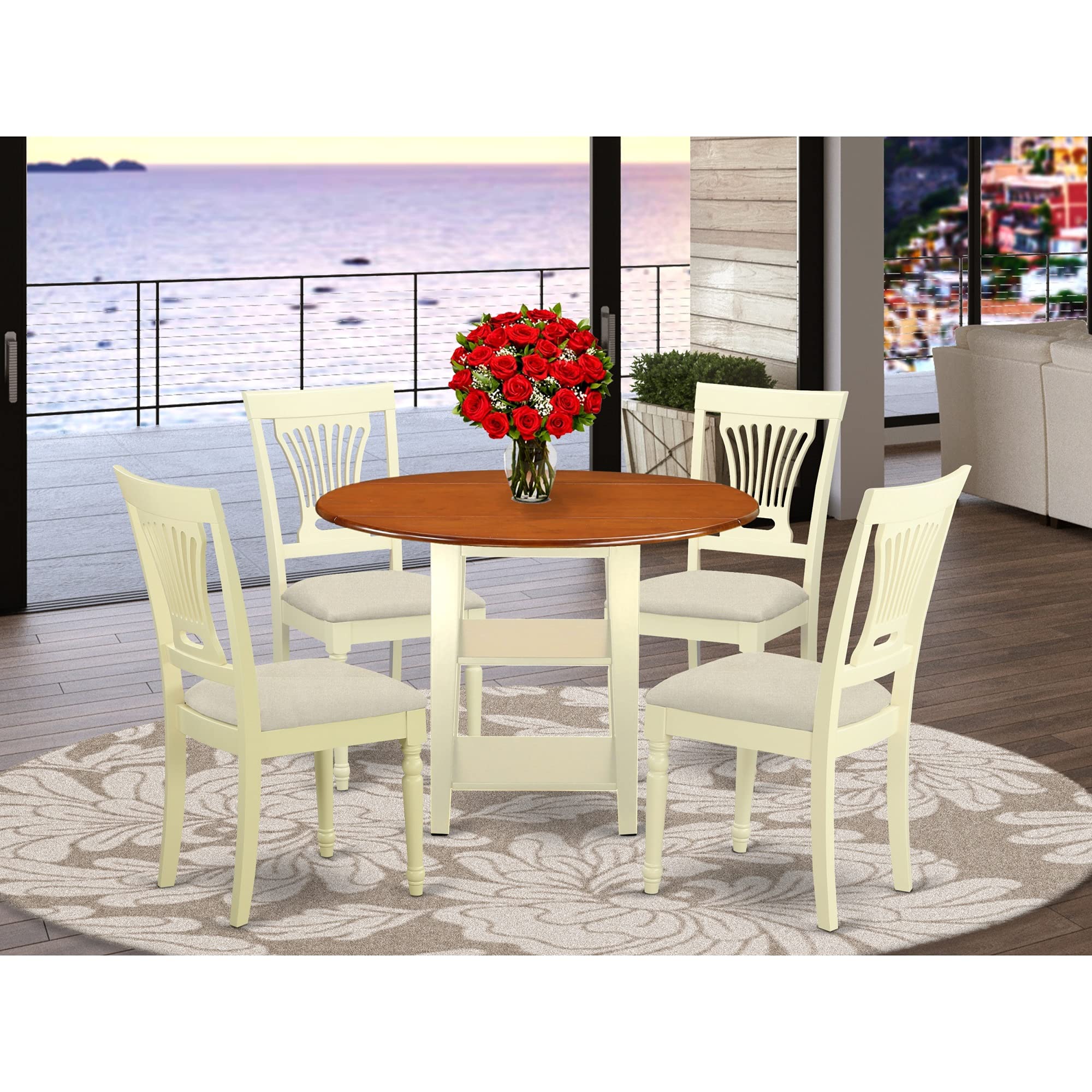East West Furniture SUPL5-BMK-C 5 Piece Dining Room Furniture Set Includes a Round Kitchen Table with Dropleaf & Shelves and 4 Linen Fabric Upholstered Chairs, 42x42 Inch, Buttermilk & Cherry