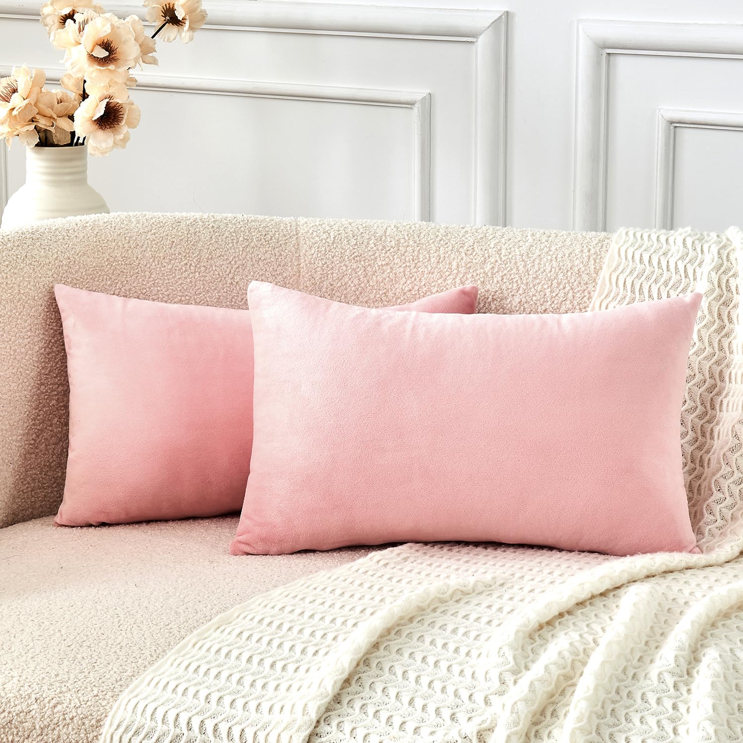 Grineed Throw Pillow Covers Pink Set Of 2 12X20 Inch Pillow Covers, Soft Velvet Cute Lumbar Decorative Pillowcases For Couch Sof