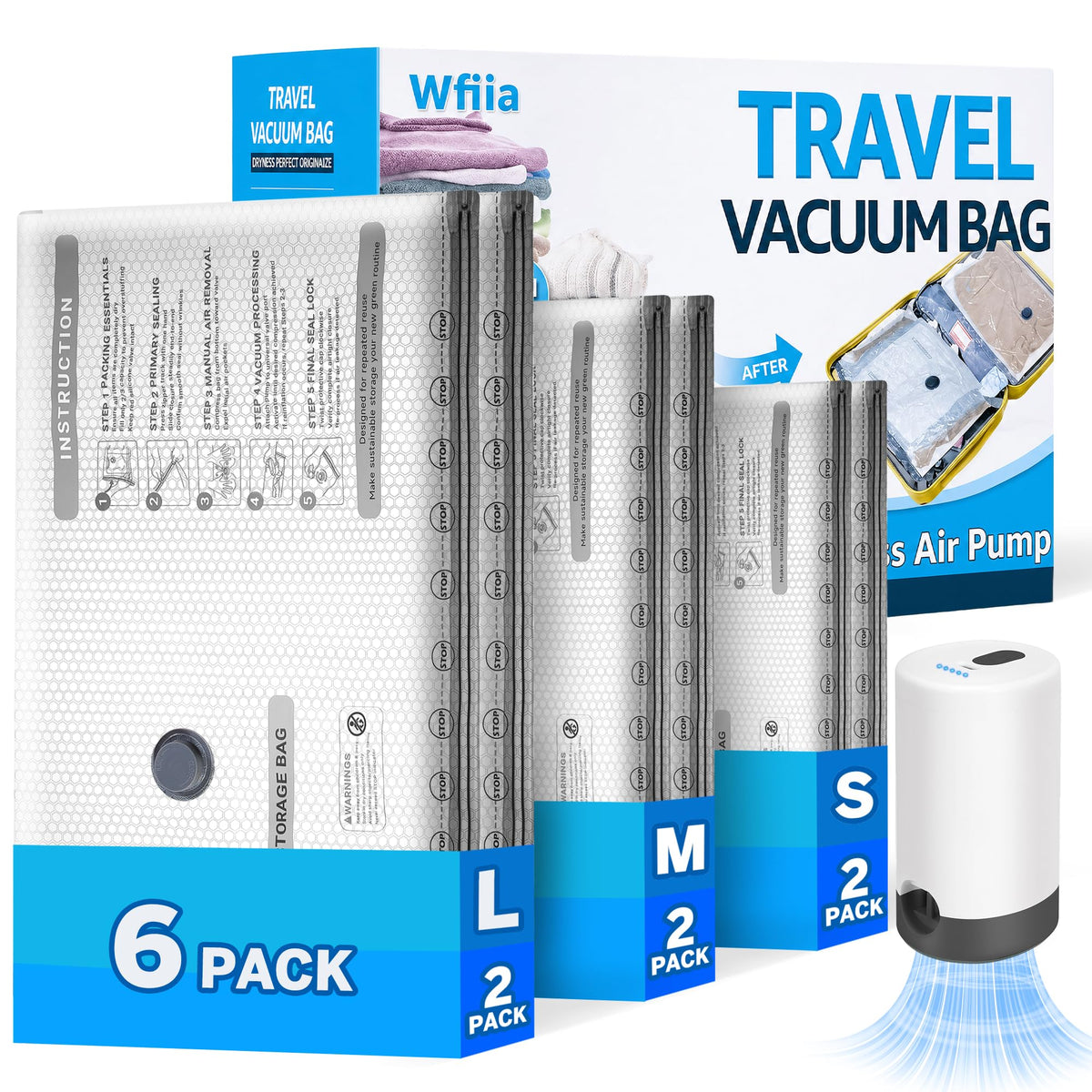 6 Packs Vacuum Bags for Travel with Rechargeable Pump, 3 Sizes Vacuum Seal Bags for Clothing, Compression Vacuum Travel Bags for