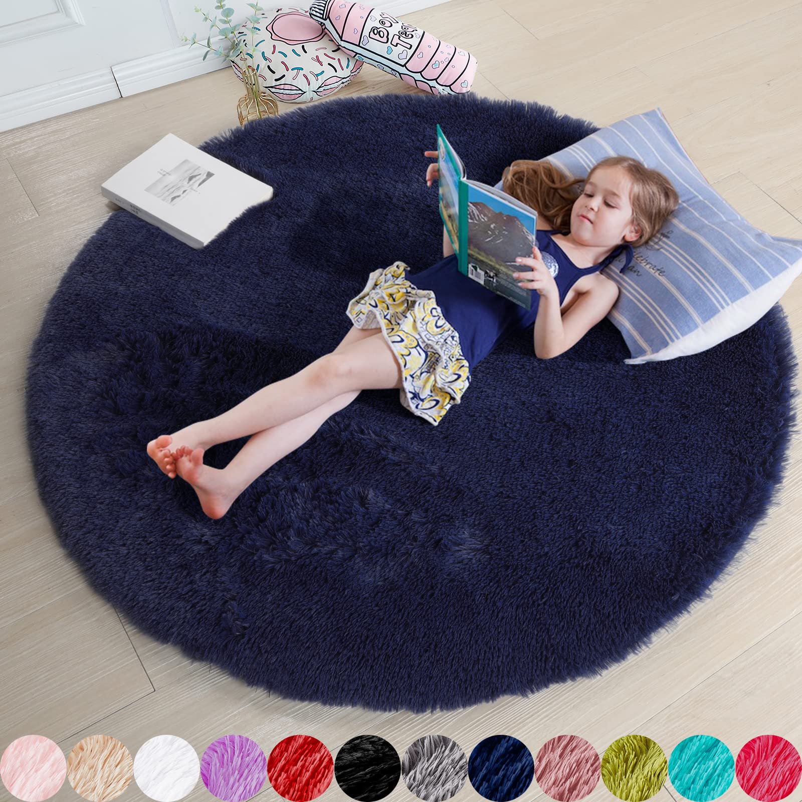 Dark Navy Rug for Bedroom,Fluffy Circle Rug 5X5 for Kids Room,Furry Carpet for Teens Room,Shaggy Circular Rug for Nursery Roo