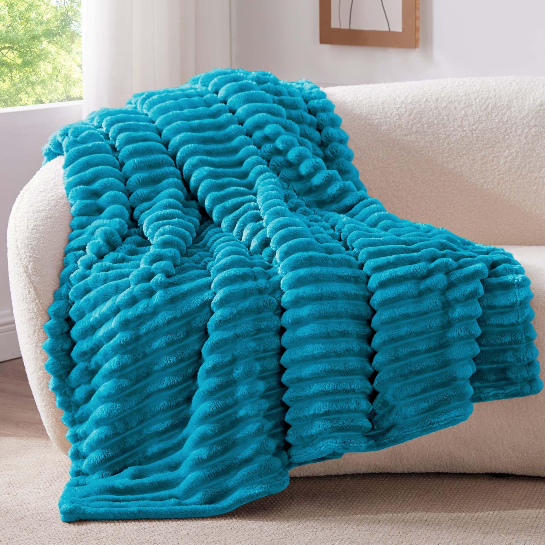 Bedelite Fleece Throw Blanket For Couch - 300Gsm Soft & Warm Fluffy Teal Blanket, Decorative And Giftable Striped Blankets For W
