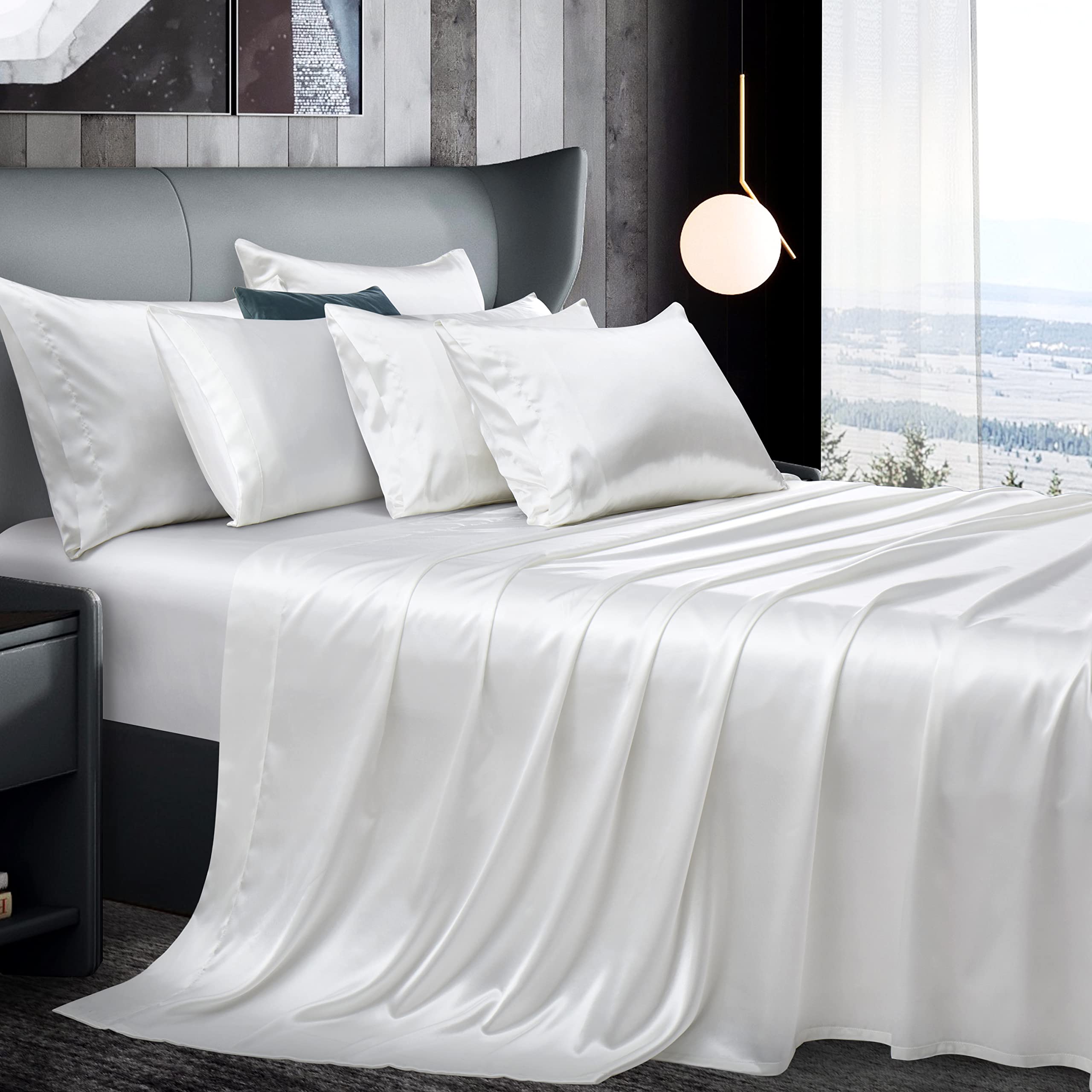 Manyshofu 7Pcs Pure White Satin Sheets California King Silky Satin Bed Sheets Set, Luxurious & Soft Satin Bedding Set - 1 Satin