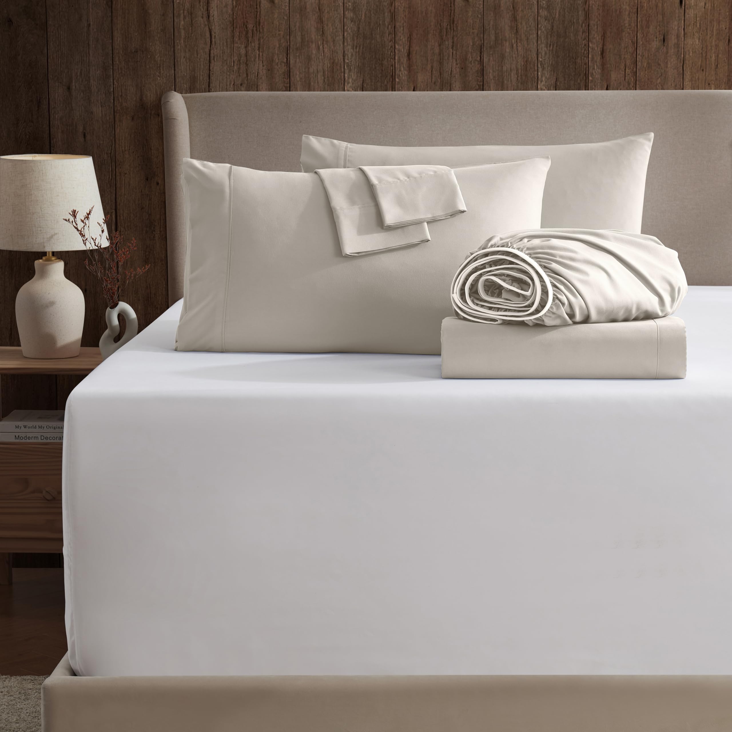 Nestl Extra Deep Pocket Split King Sheet Set - 7 Pc Soft Microfiber Split King Sheet Sets Deep Pocket - Fade Resistant Bedding Sheets & Pillowcases - Split King, Beige Cream